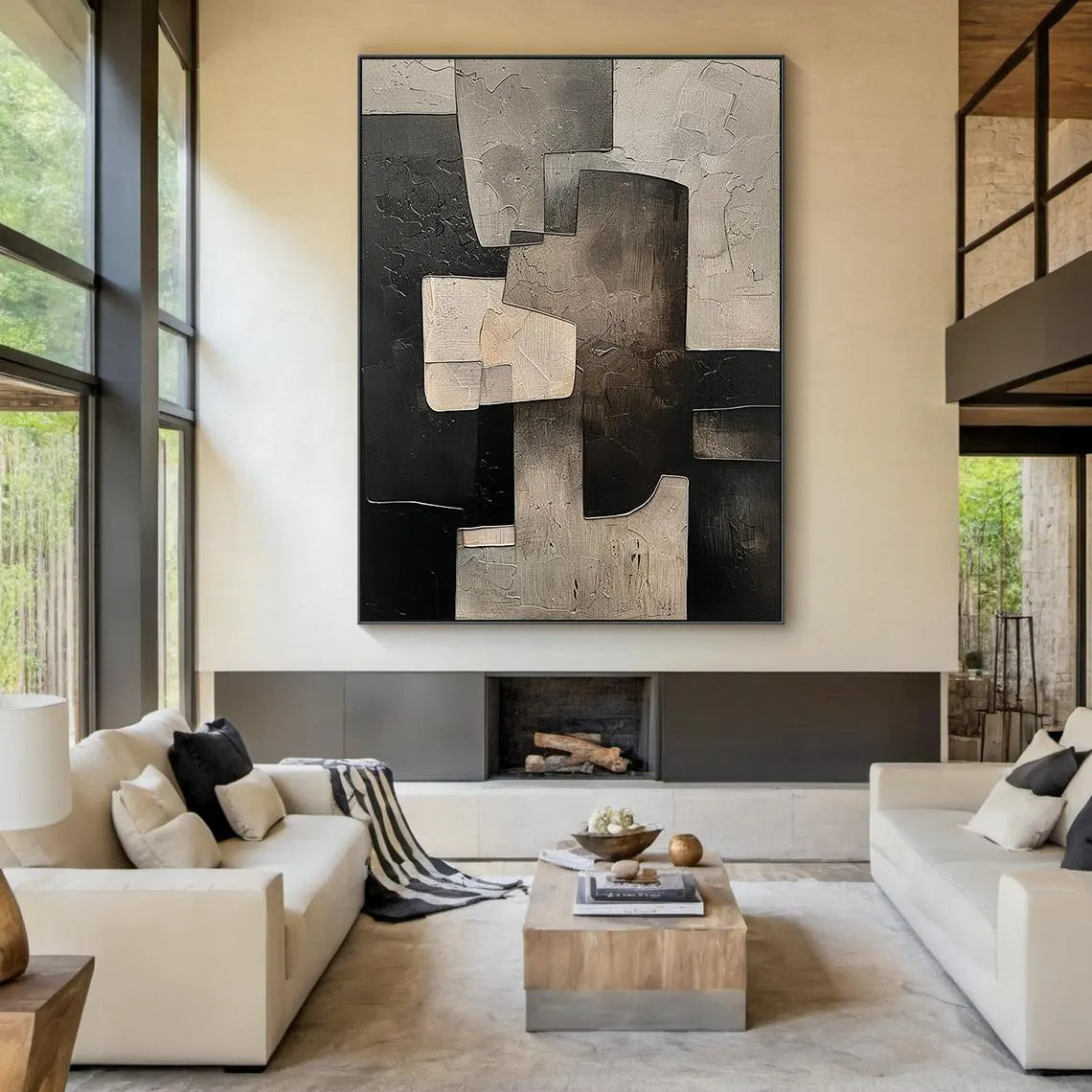 URBAN MATRIX: Bold Architectural Abstract, Heavy Texture Black & Stone Grey Painting