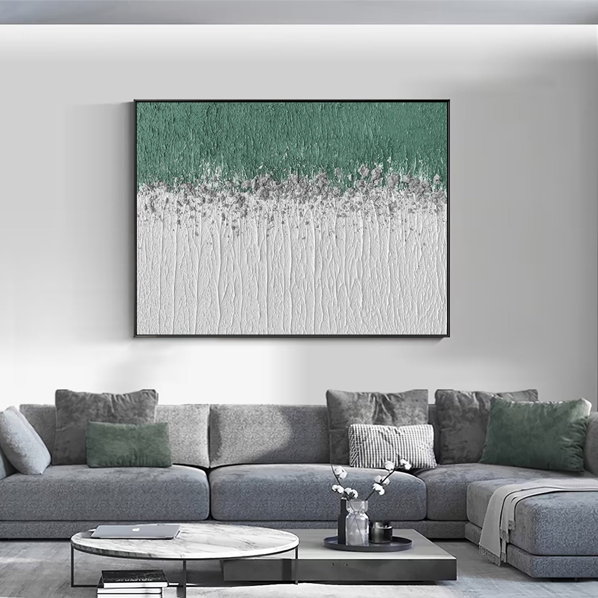 Misty Meadow – Panoramic Linear Texture Art | Heavy Impasto Green & White Abstract Living Room Decor