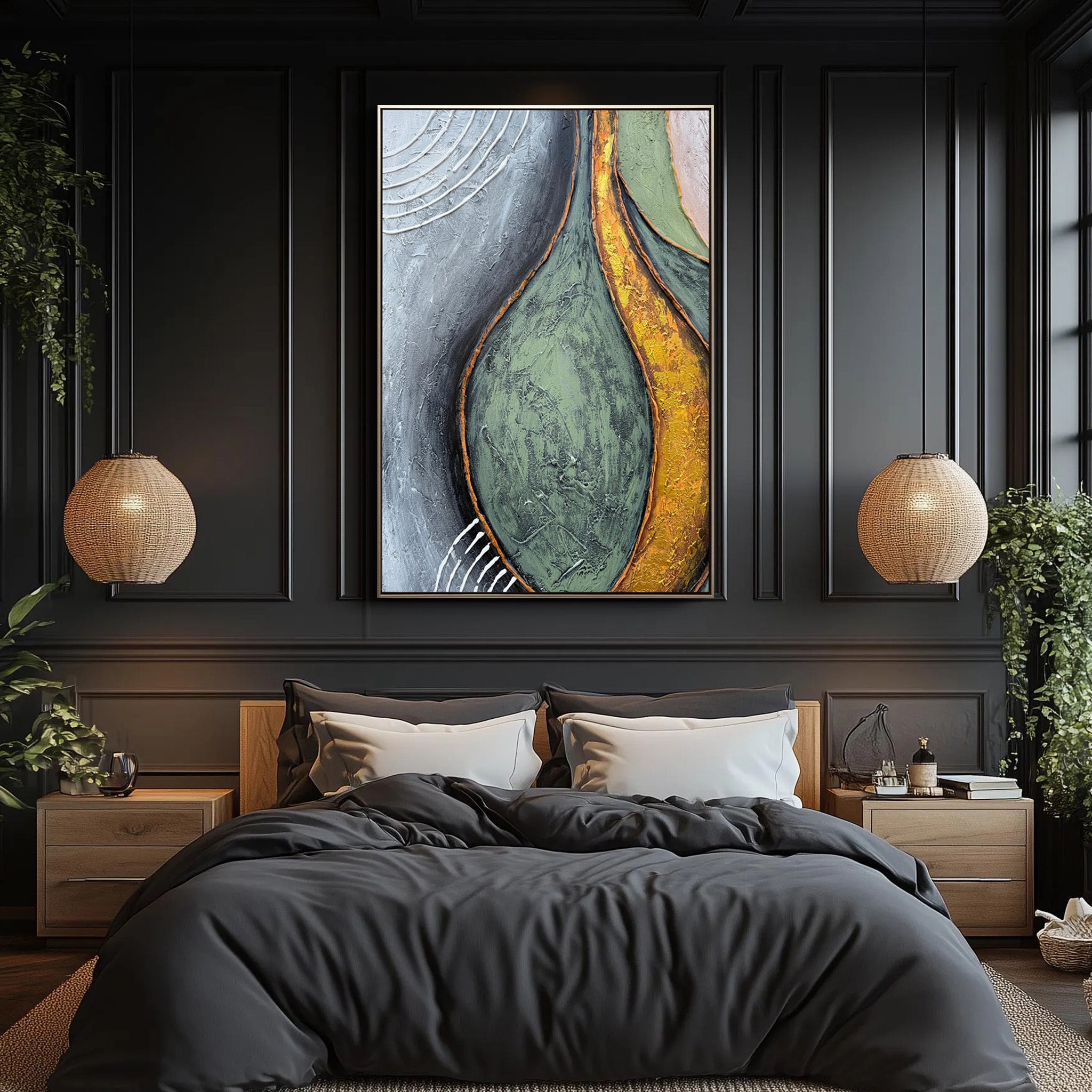 Organic Curve – Hand-Painted Sage Green and Gold Foil Palette Knife Abstract Painting | Modern Abstract Living Room & Office Art