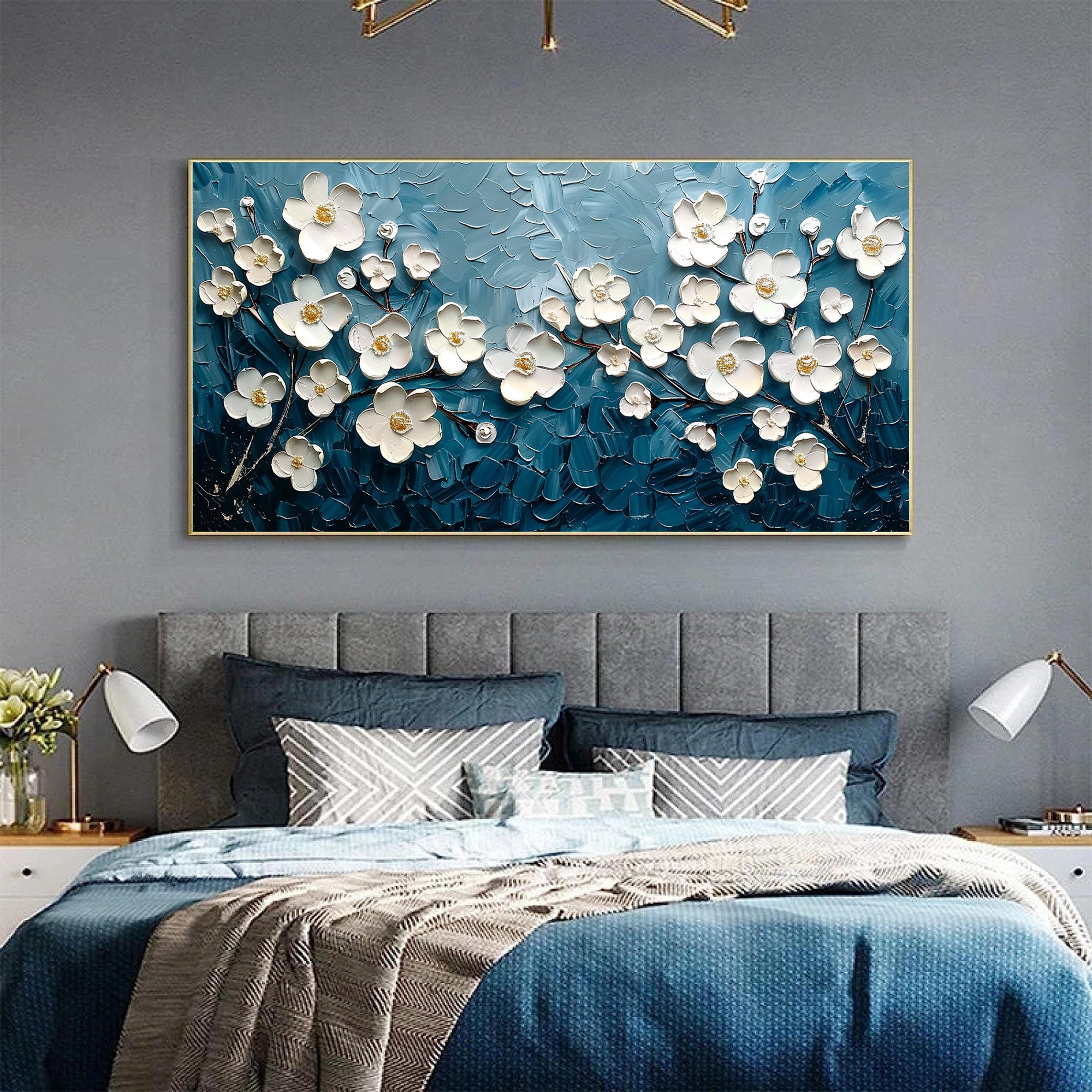 Midnight Blossom – Hand-Painted Prussian Blue and White 3D Relief Plaster Effect Floral Painting | Contemporary Botanical Bedroom & Living Room Art