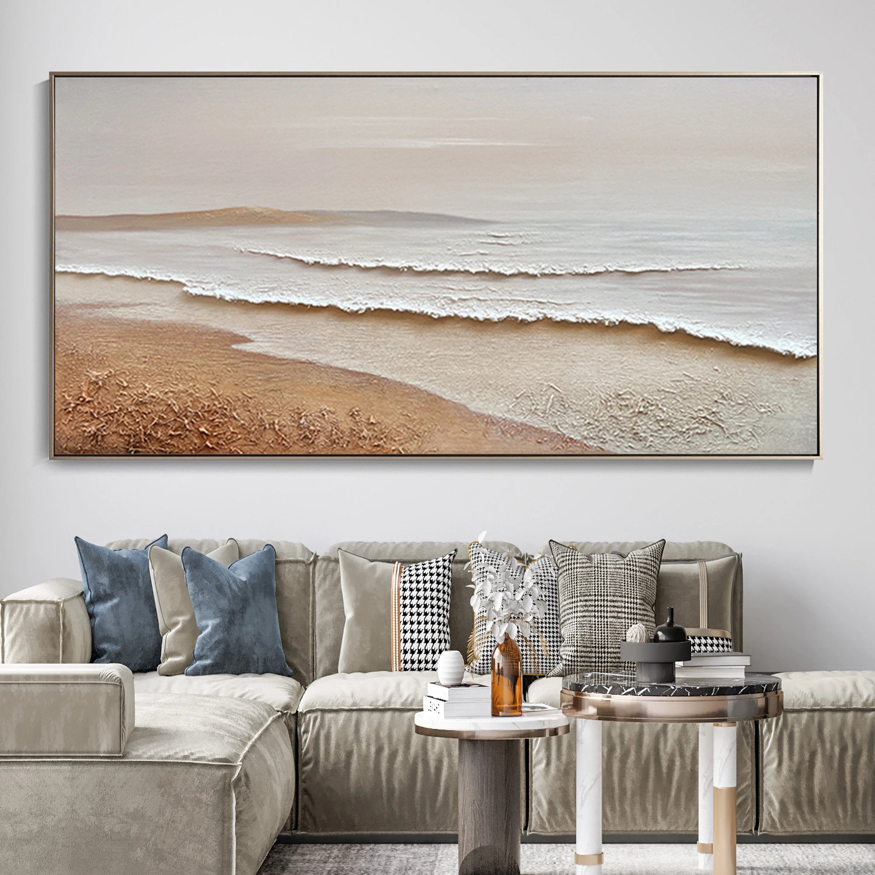 SANDY RHYTHM: Panoramic 3D Plaster Texture Coastal Wall Art, Wabi-Sabi Sand & Wave Relief