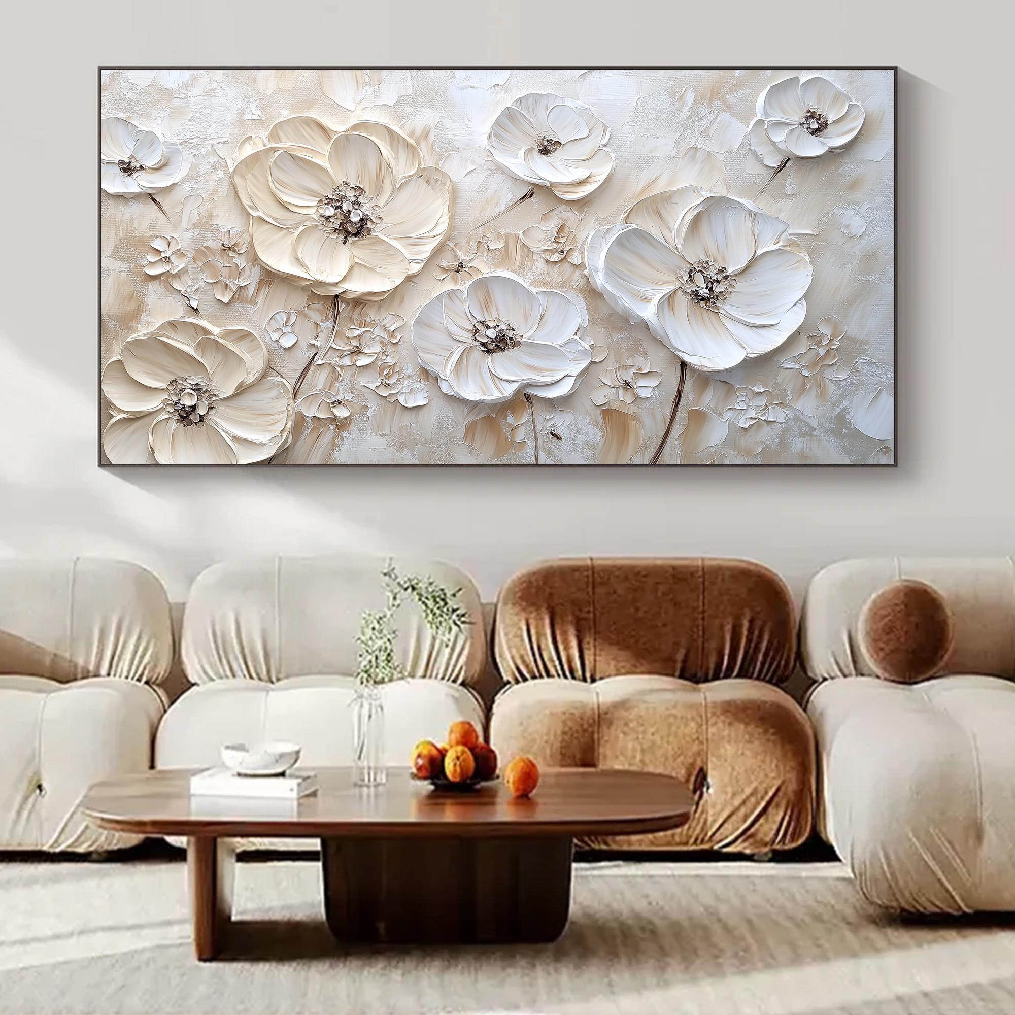 Ivory Bloom – Hand-Painted Creamy Beige Floral Plaster Relief Floral Painting | Soft Organic Botanical Bedroom & Living Room Art
