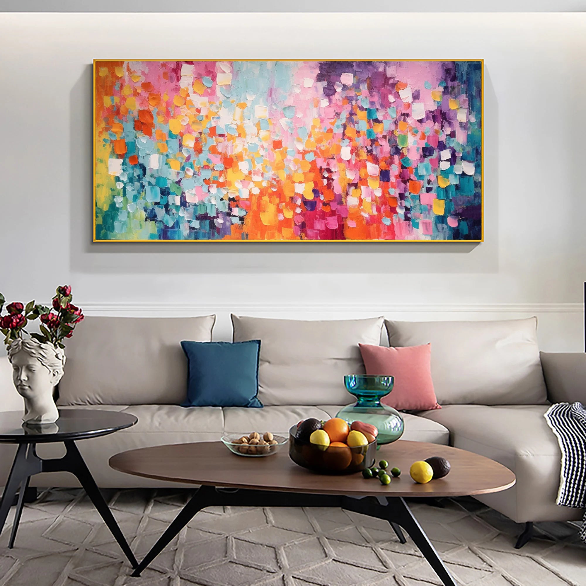 Prism Flow – Hand-Painted Multicolored Palette Knife Mosaic Style Heavy Texture Oil Abstract Painting | Bold Abstract Palette Knife Living Room Art