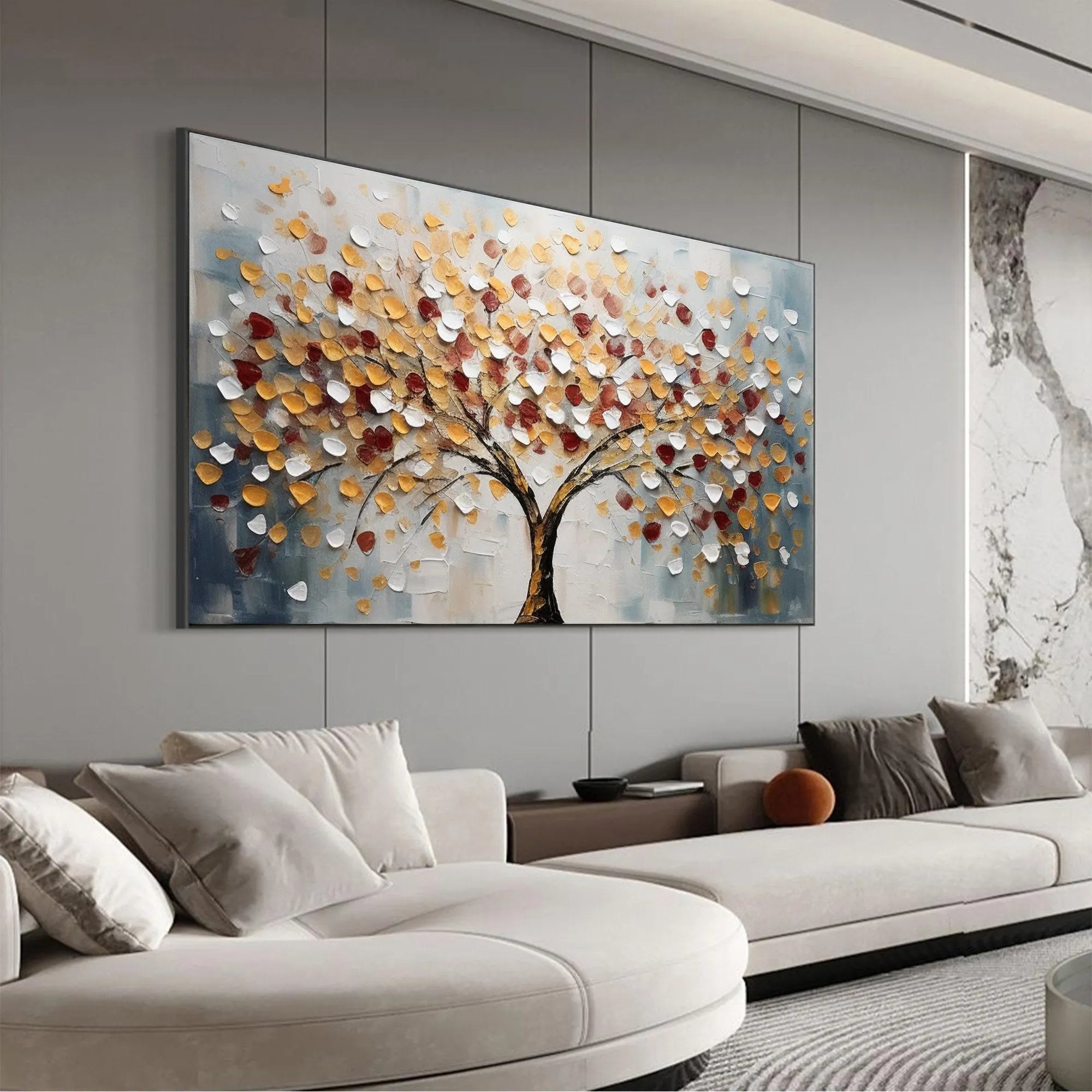 Amber Canopy – Hand-Painted Red and Gold Leaf Money Tree Tree Painting | Modern Luxury Metallic Living Room & Hotel Art