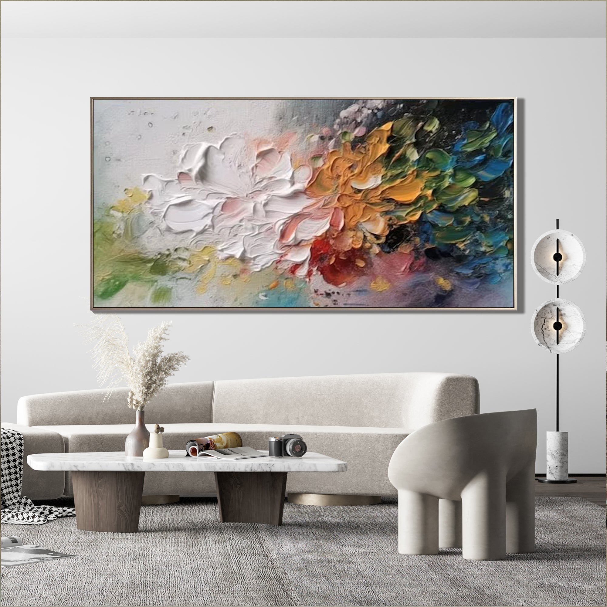Prism Bloom – Hand-Painted Multicolored Palette Knife 3D Abstract Painting | Vibrant Botanical Living Room & Dining Room Art