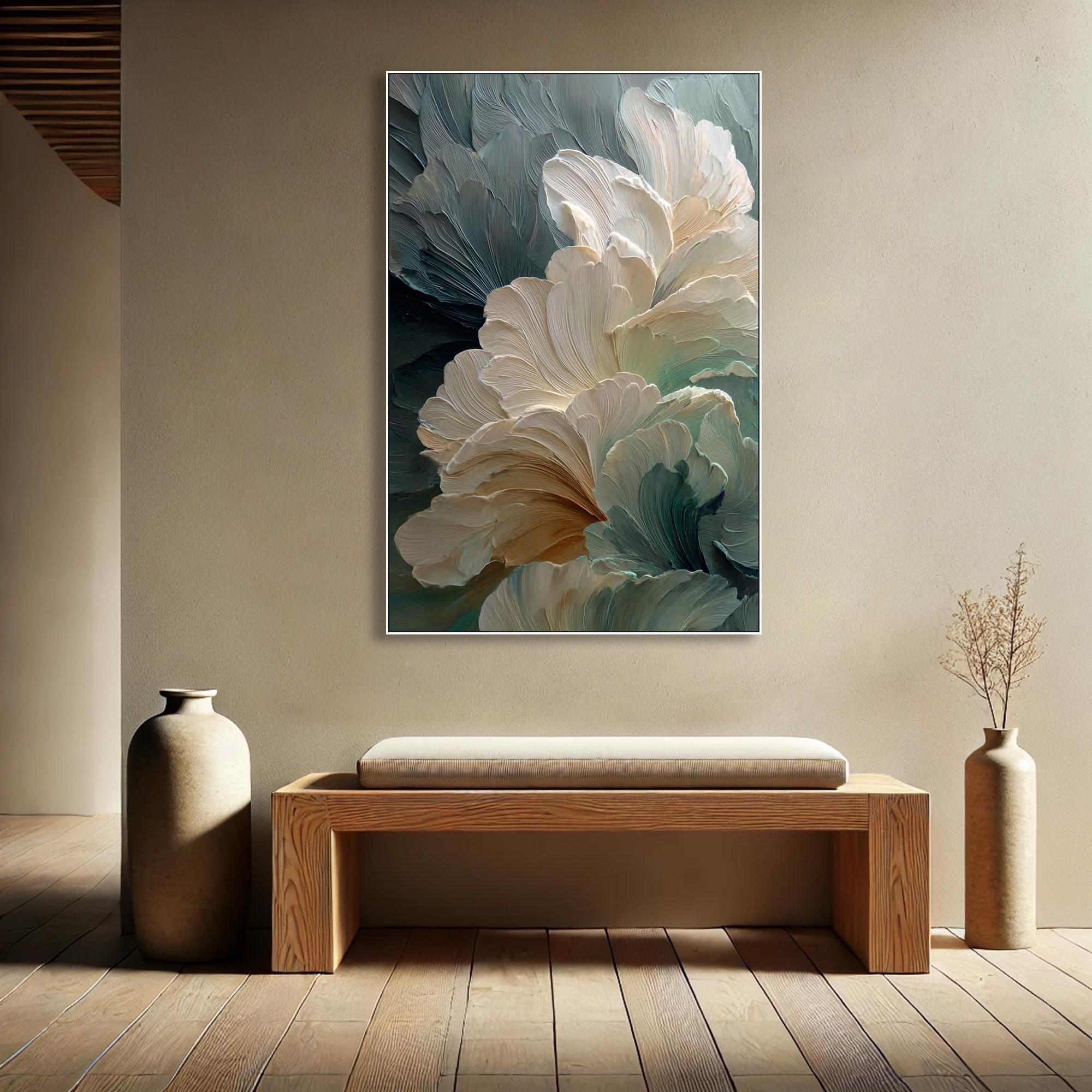Glacier Bloom – Modern Abstract Morandi Floral Textured Painting | Luxury Impasto Bedroom Art