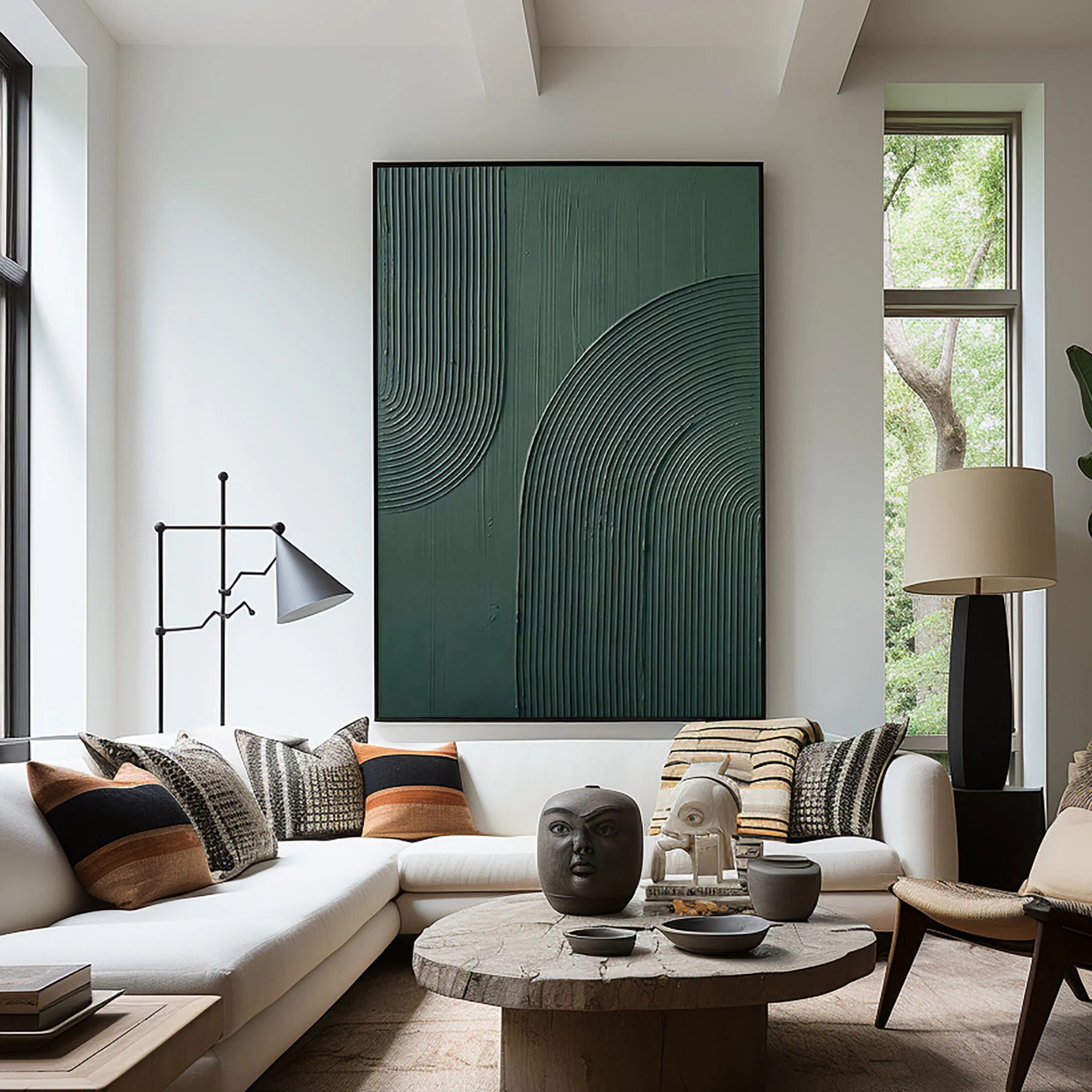 Archway Rhythm – Hand-Painted Sage Green Geometric Arch Line Relief Wabi-Sabi Painting | Japandi Wabi-Sabi Living Room & Bedroom Art