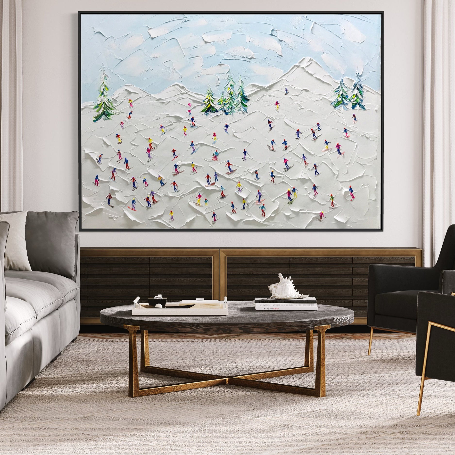 Summit Joy – Modern Heavy Impasto Skiing Oil Painting | Creative Snow Mountain Textured Living Room Art