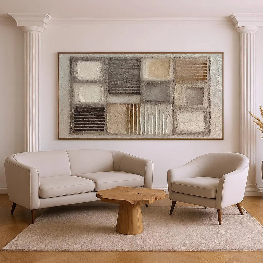 Earthen Mosaic – Modern Neutral Plaster Relief Grid Wabi-Sabi Painting | Japandi Organic Wabi-Sabi Living Room & Hallway Art