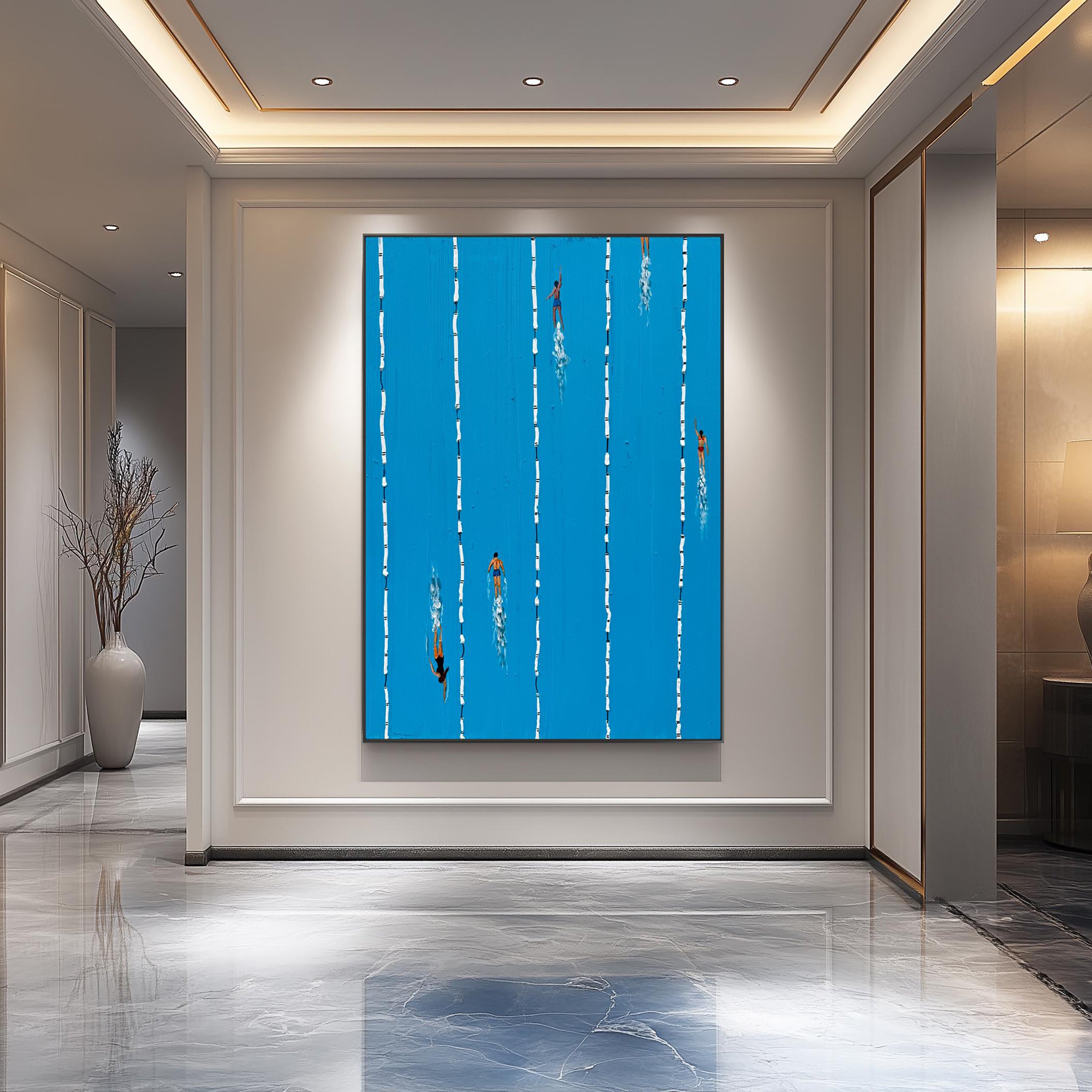 Summer Splash – Modern Swimming Pool Textured Painting | Minimalist Vibrant Blue Home Office Art