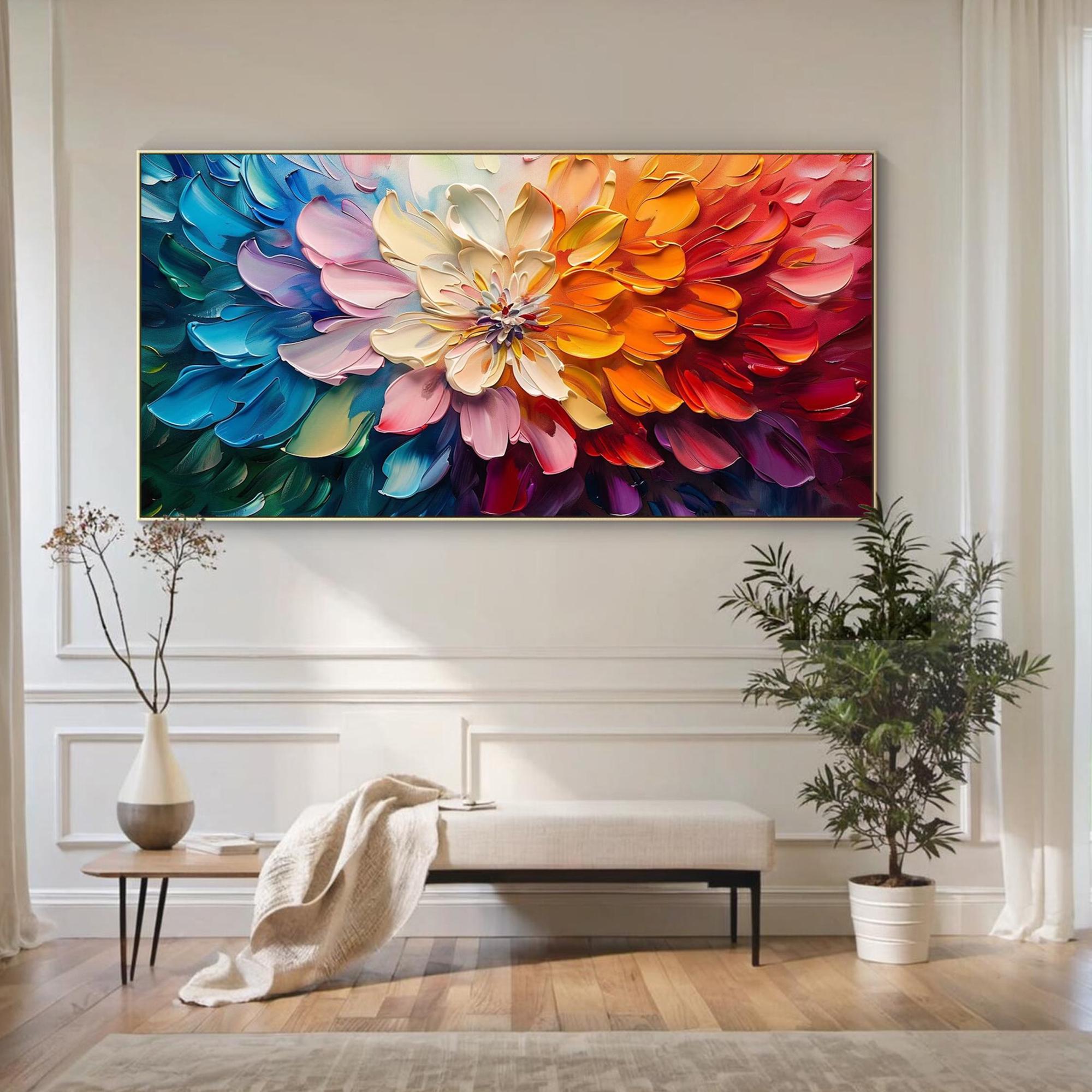 Spectrum Bloom – Hand-Painted Multicolored 3D Impasto Flower Heavy Texture Oil Floral Painting | Vibrant Botanical Living Room & Dining Room Art