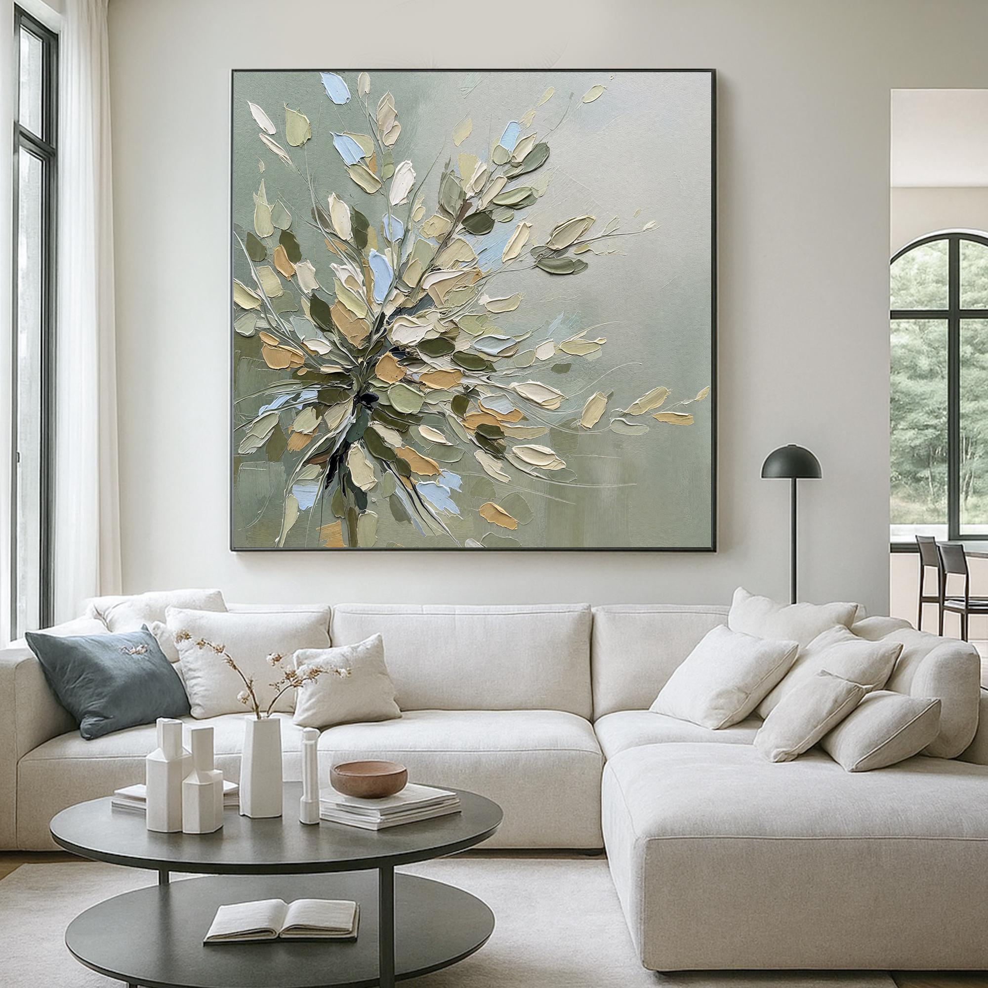 Sage Petals – Hand-Painted Sage Green 3D Impasto Blossom Floral Painting | Tropical Botanical Bedroom & Dining Room Art