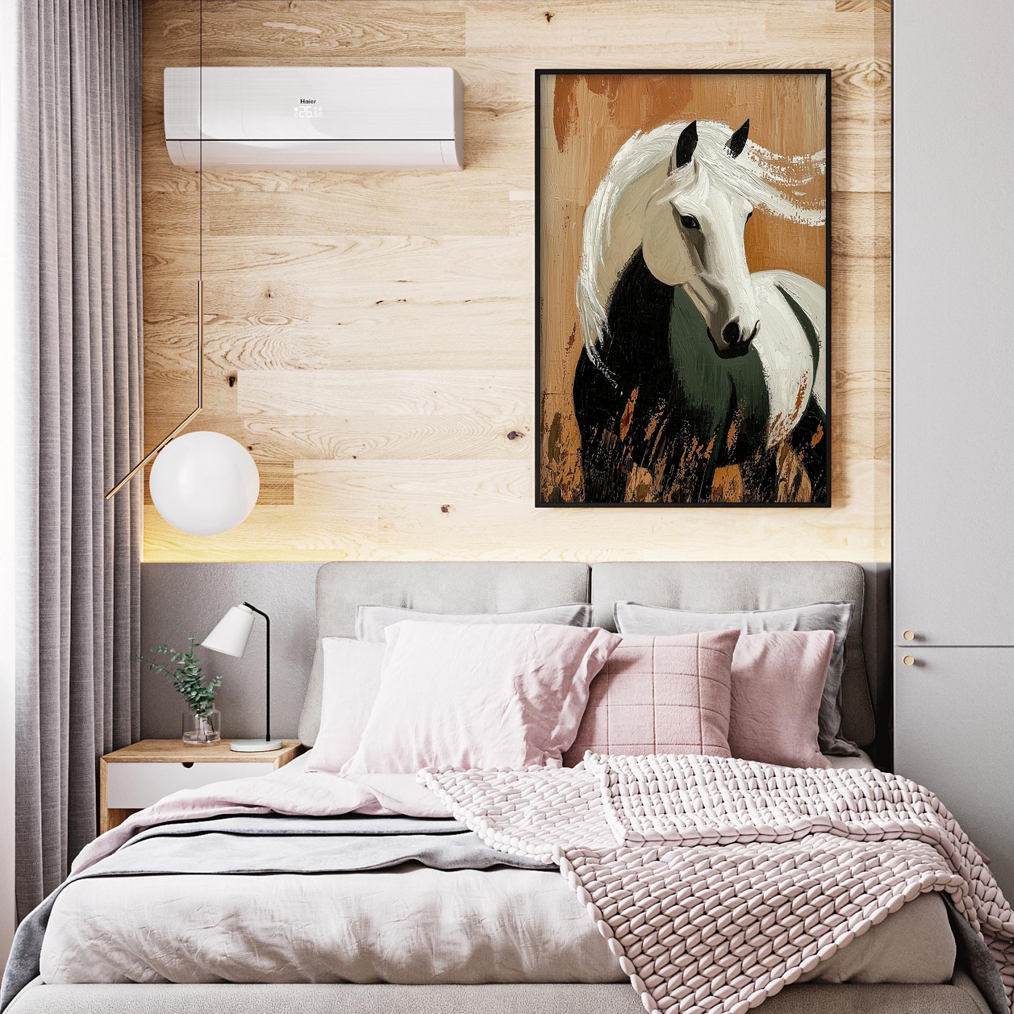 Noble Mane – Textured Black and White Horse Portrait Painting | Modern Minimalist Living Room Art