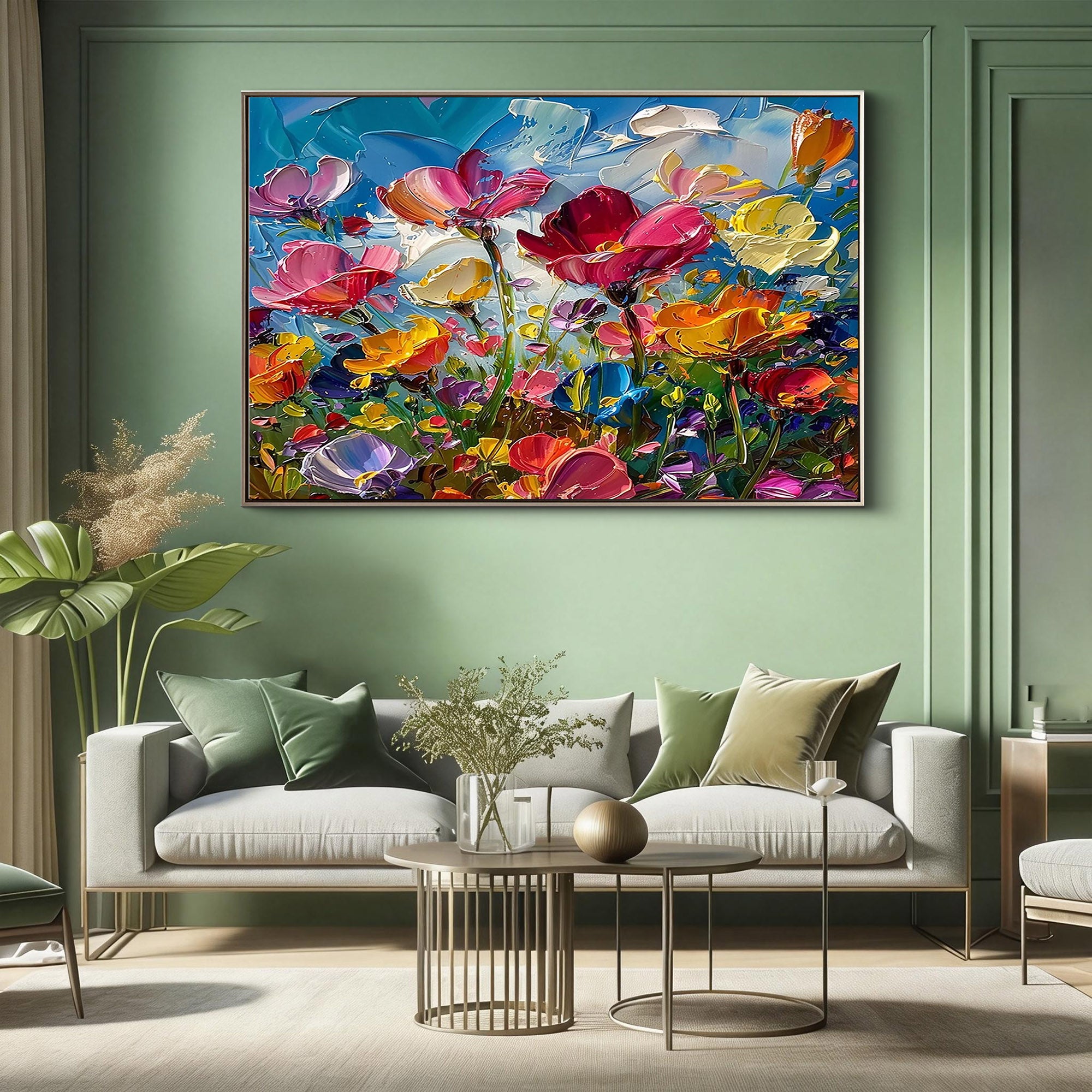 Vivid Bloom – Modern Rainbow Wildflower Impasto Floral Painting | Vibrant Botanical Living Room & Dining Room Art