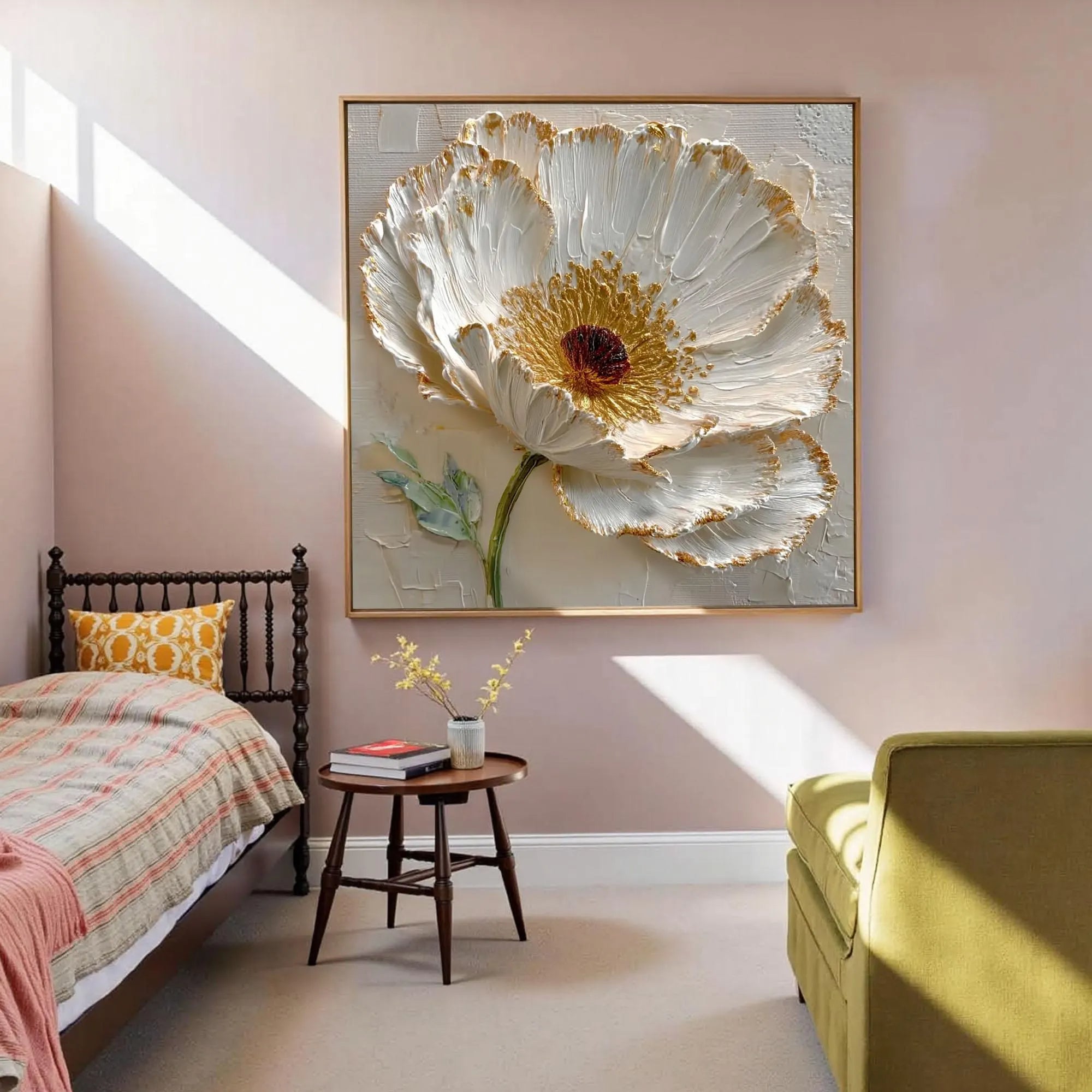 Gilded Petals – Hand-Painted White Blossom 3D Relief Heavy Texture Gold Rim Floral Painting | Modern Luxury Botanical Bedroom & Living Room Art