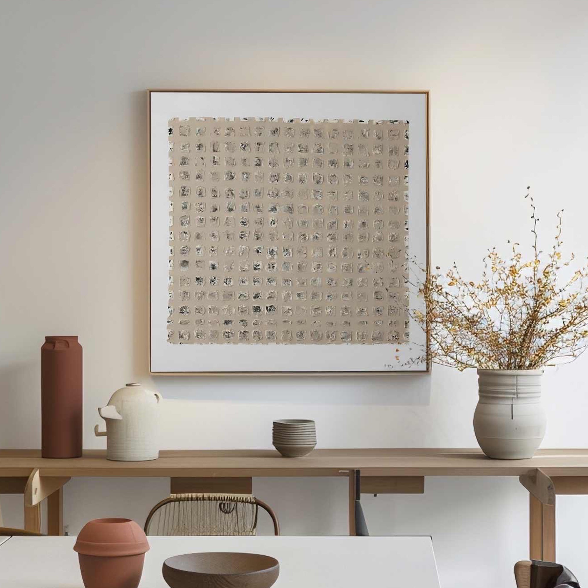 Ancient Script – Hand-Painted Neutral Beige Matrix Plaster Relief Wabi-Sabi Painting | Japandi Organic Wabi-Sabi Living Room & Hallway Art