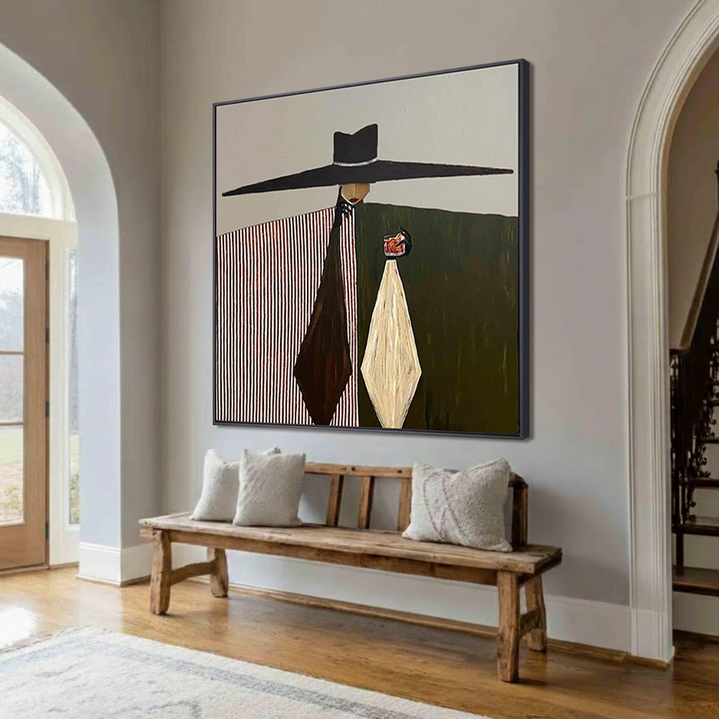 The Midnight Monologue – Surrealistic Modern Woman with Over-sized Hat Painting | Retro Elegant Living Room Art