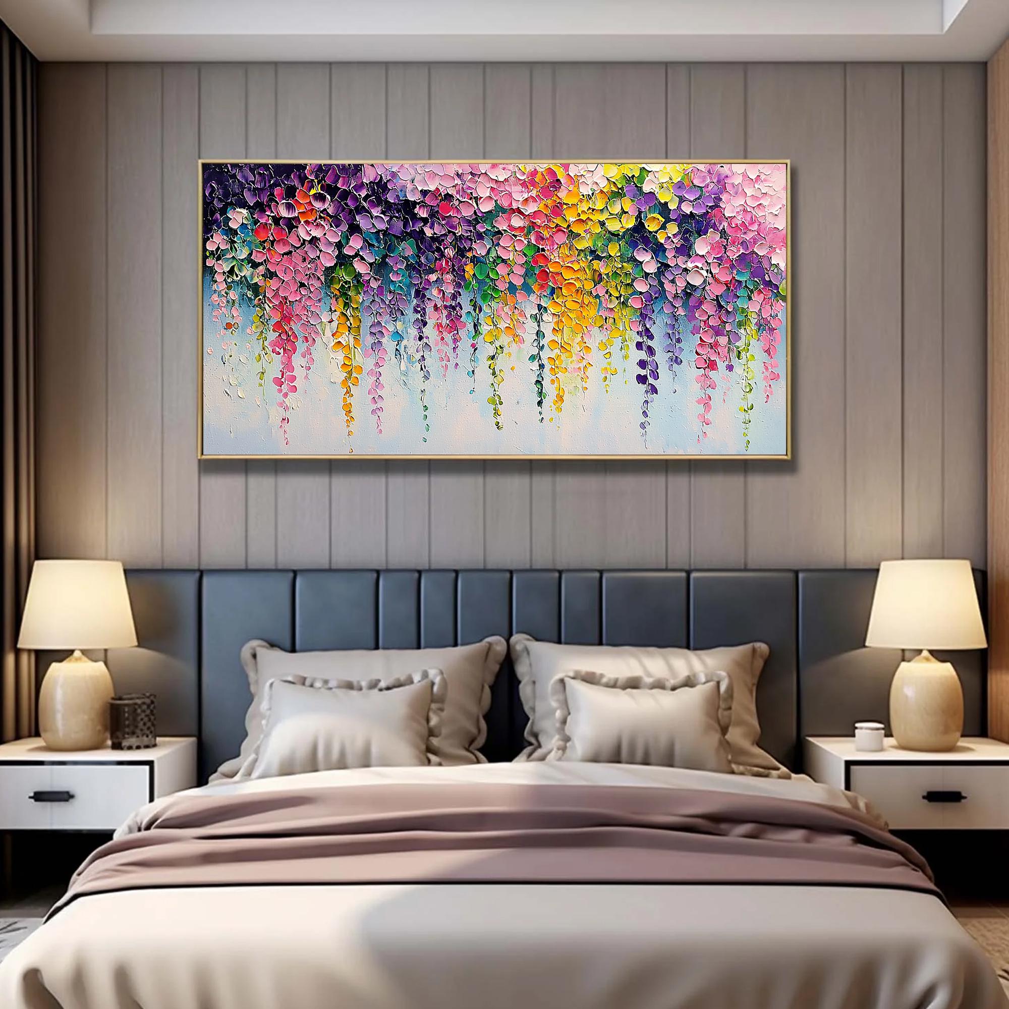 Neon Dreamscape – Modern Impasto Cascading Flower Oil Painting | Vibrant Floral Living Room Art