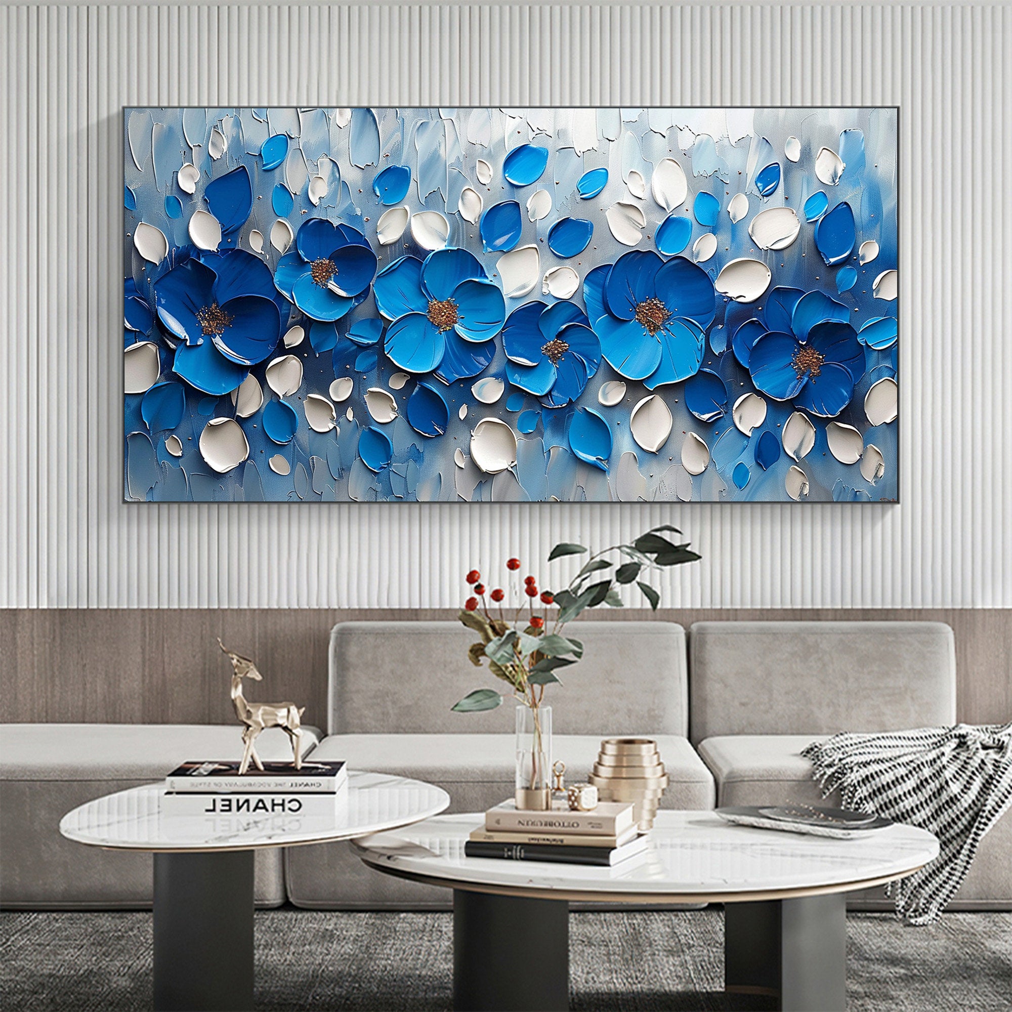 ROYAL PETALS: Flower-Tree Art, Hand-Painted Horizontal Royal Blue and White 3D Textured Palette Knife Heavy Texture Canvas Painting