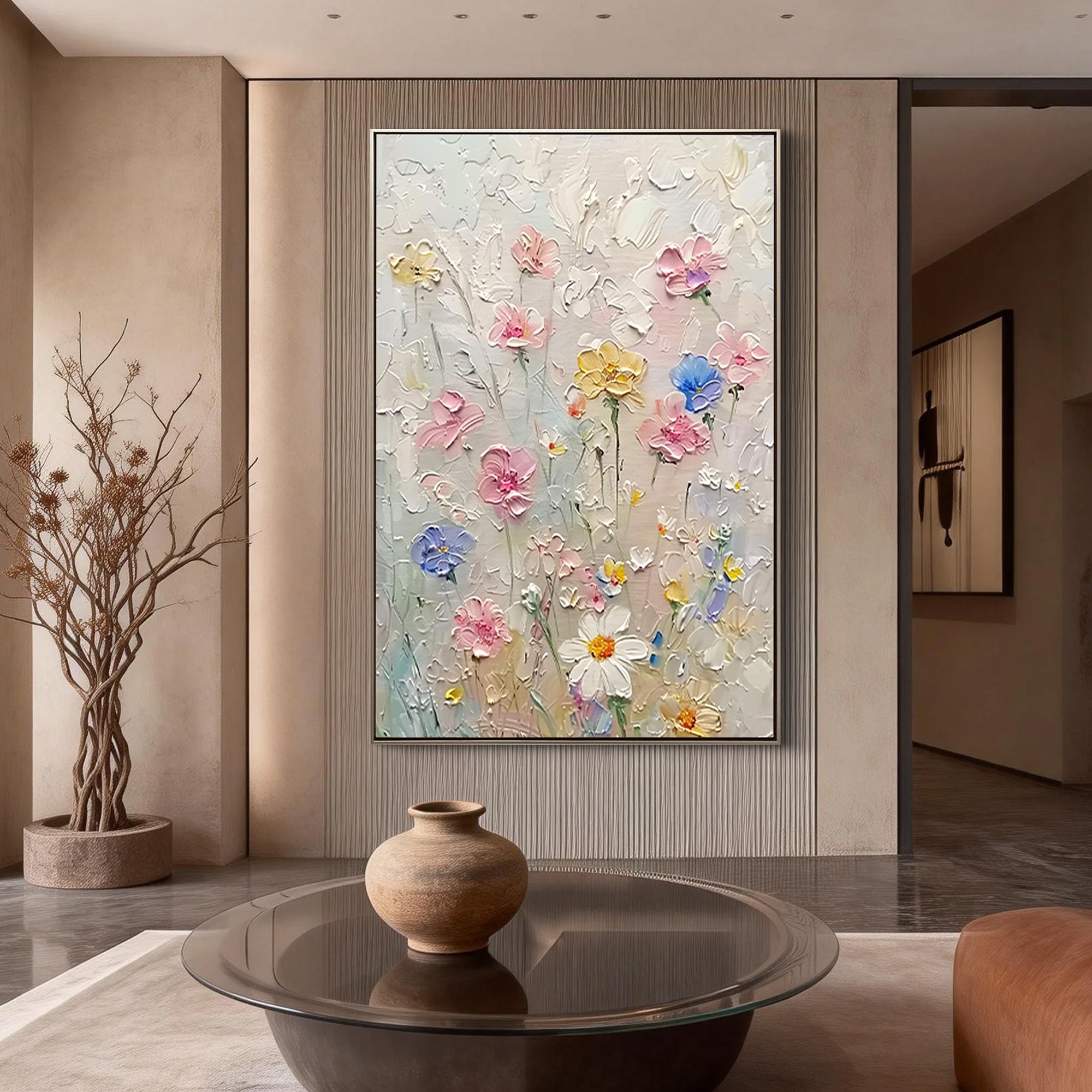 Wild Daisy – Hand-Painted Minimalist Beige and Pink 3D Floral Painting | Soft Organic Botanical Bedroom & Living Room Art