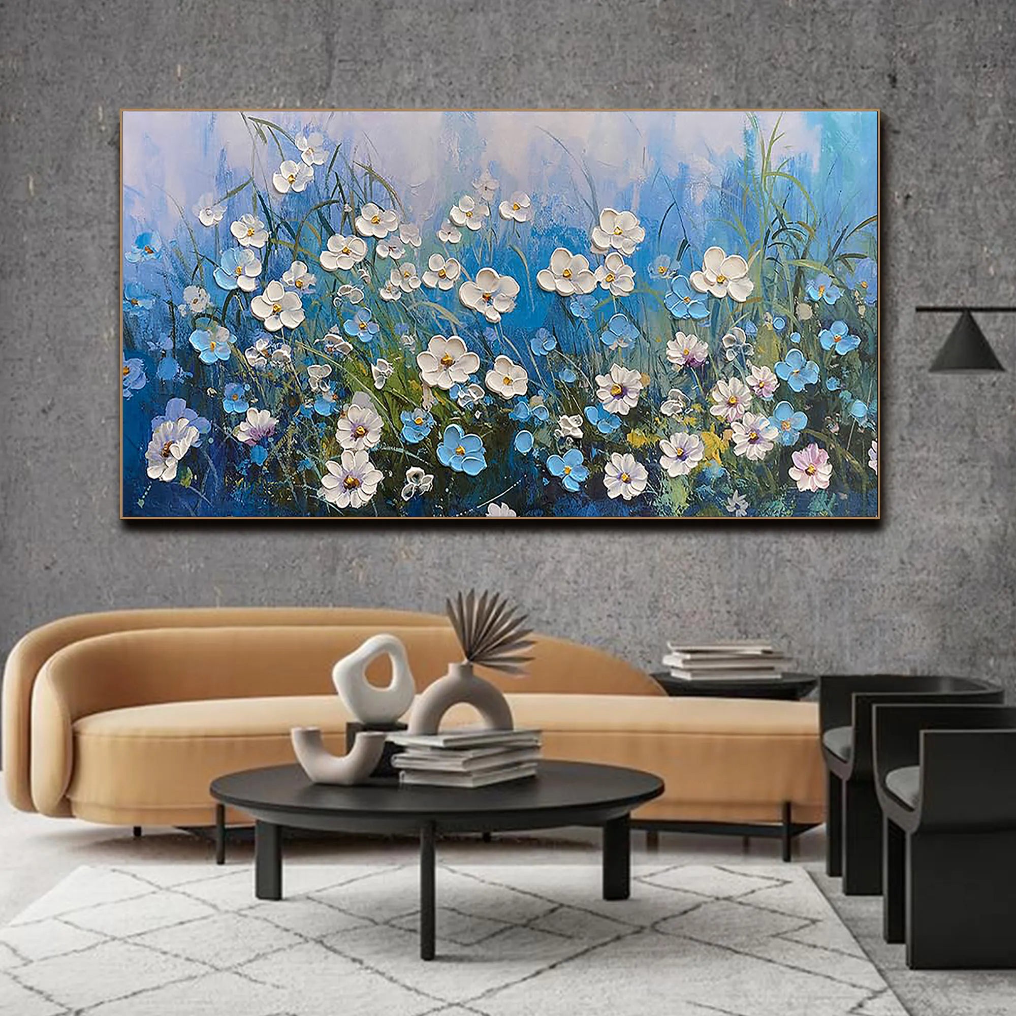 Azure Meadow – Blue Wildflower Relief Floral Painting | Contemporary Botanical Bedroom & Living Room Art