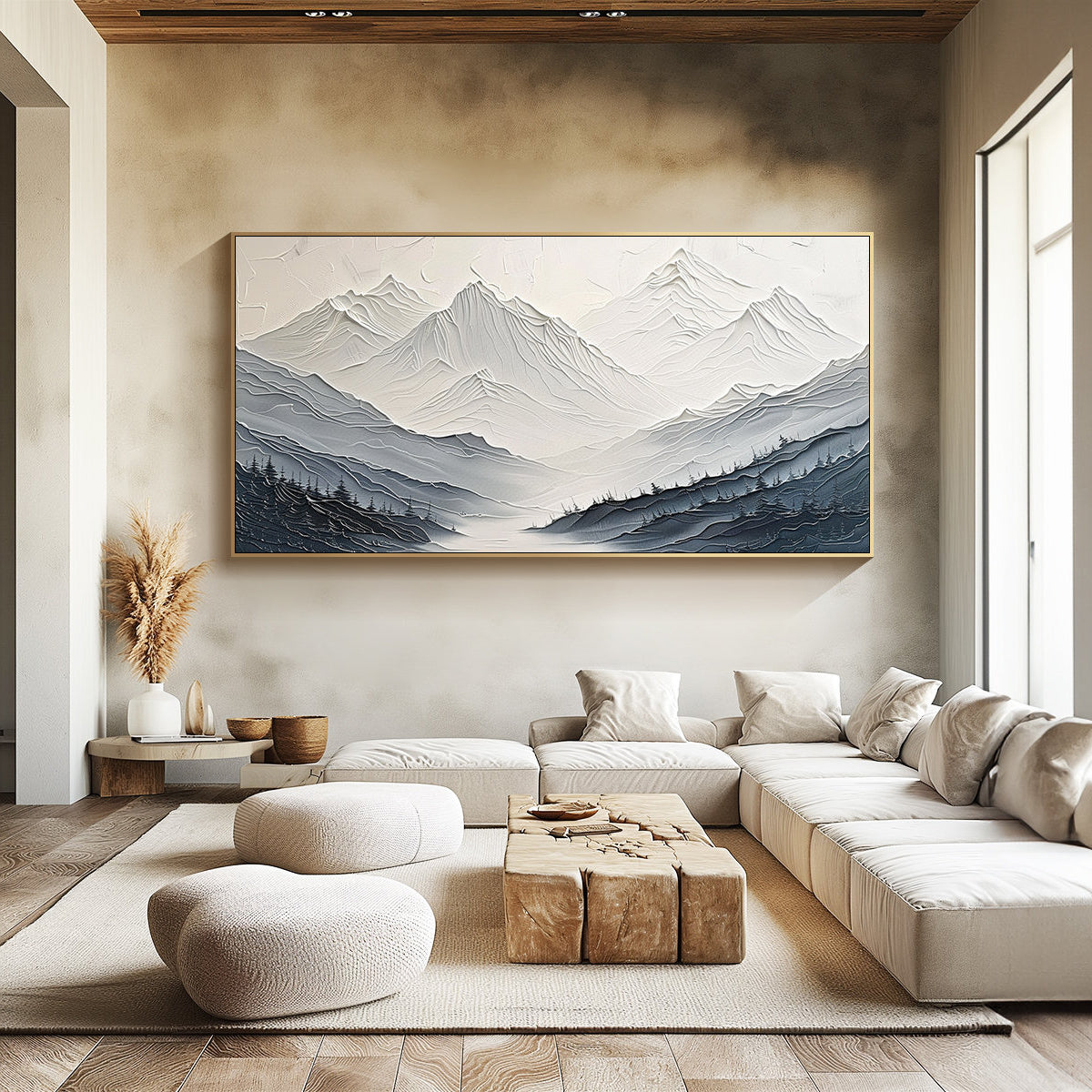MISTY RANGE: Mountain Wall Art, Hand-Painted Grey Ridge Forest Landscape Impasto Textured Oil Painting