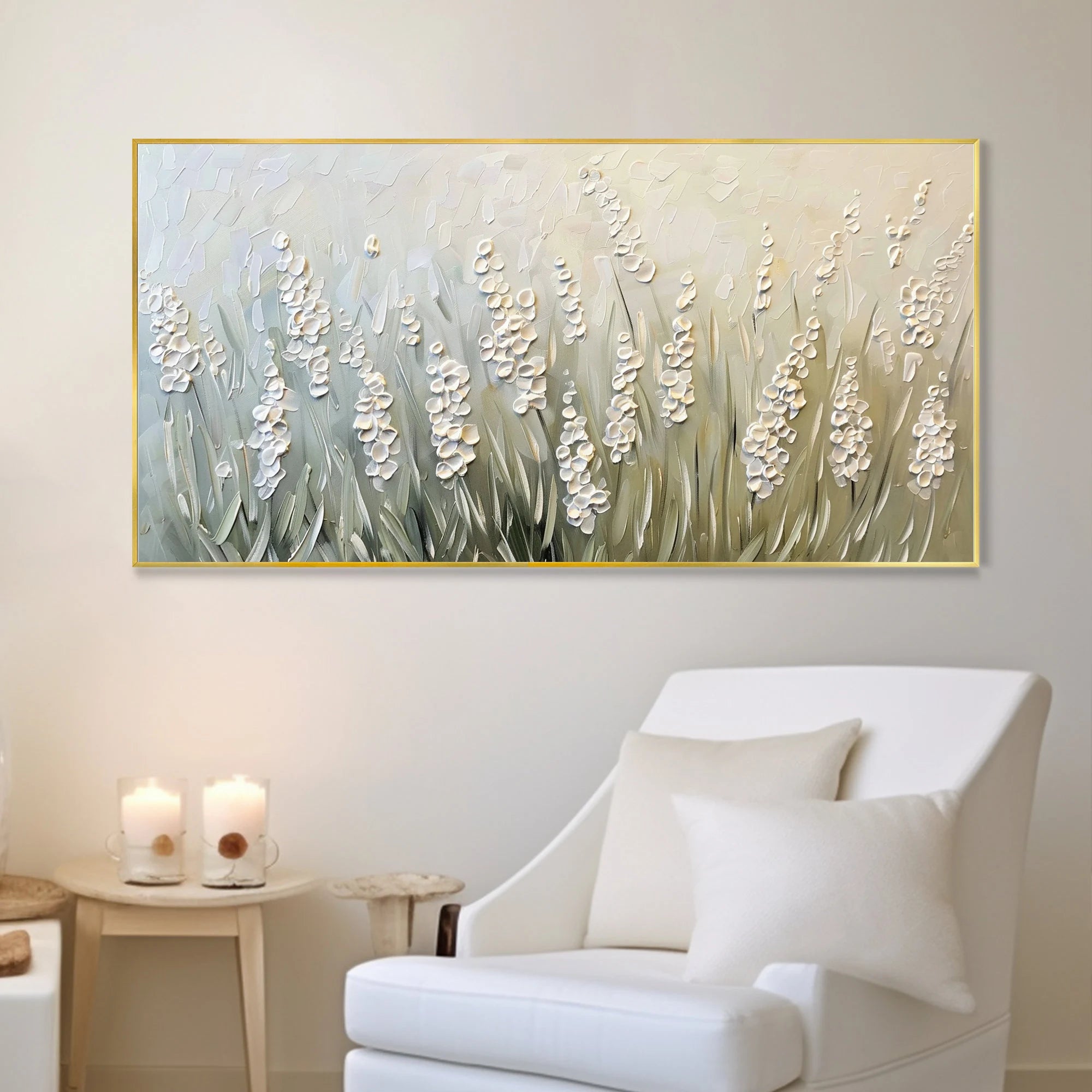 Wild Lavender – Hand-Painted Sage Green 3D Impasto Heavy Texture Plaster Floral Painting | Tropical Botanical Bedroom & Dining Room Art