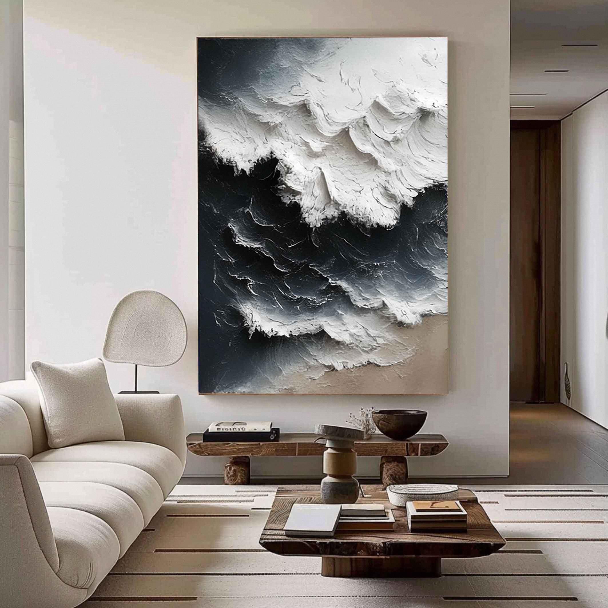 Arctic Surge – Hand-Painted Deep Navy and White Sea Foam 3D Nature Painting | Coastal Modern Living Room & Bedroom Art