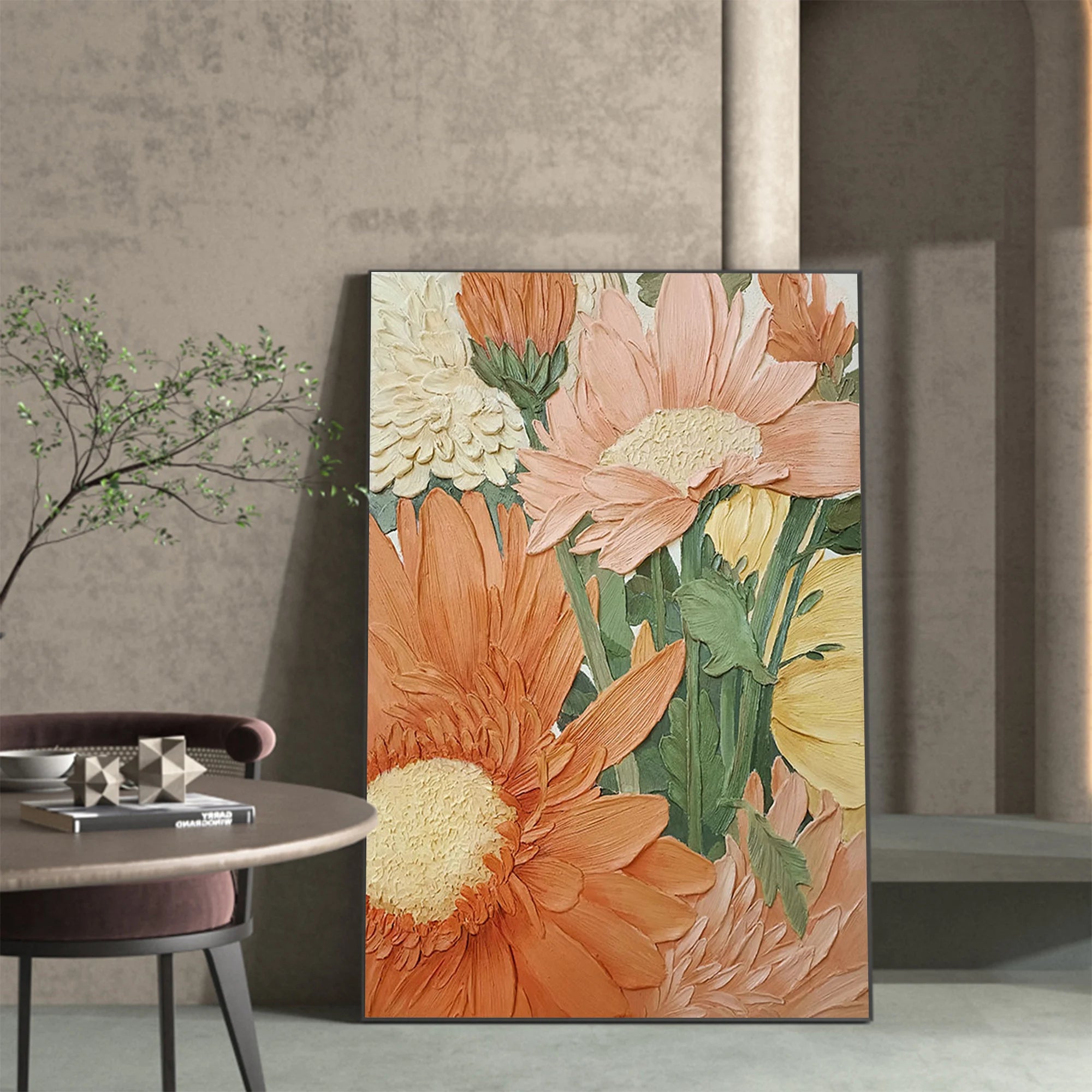 BOHEMIAN BLOOM: Floral Wall Art, 3D Plaster Effect Textured Danish Pastel Maximalist Canvas Painting