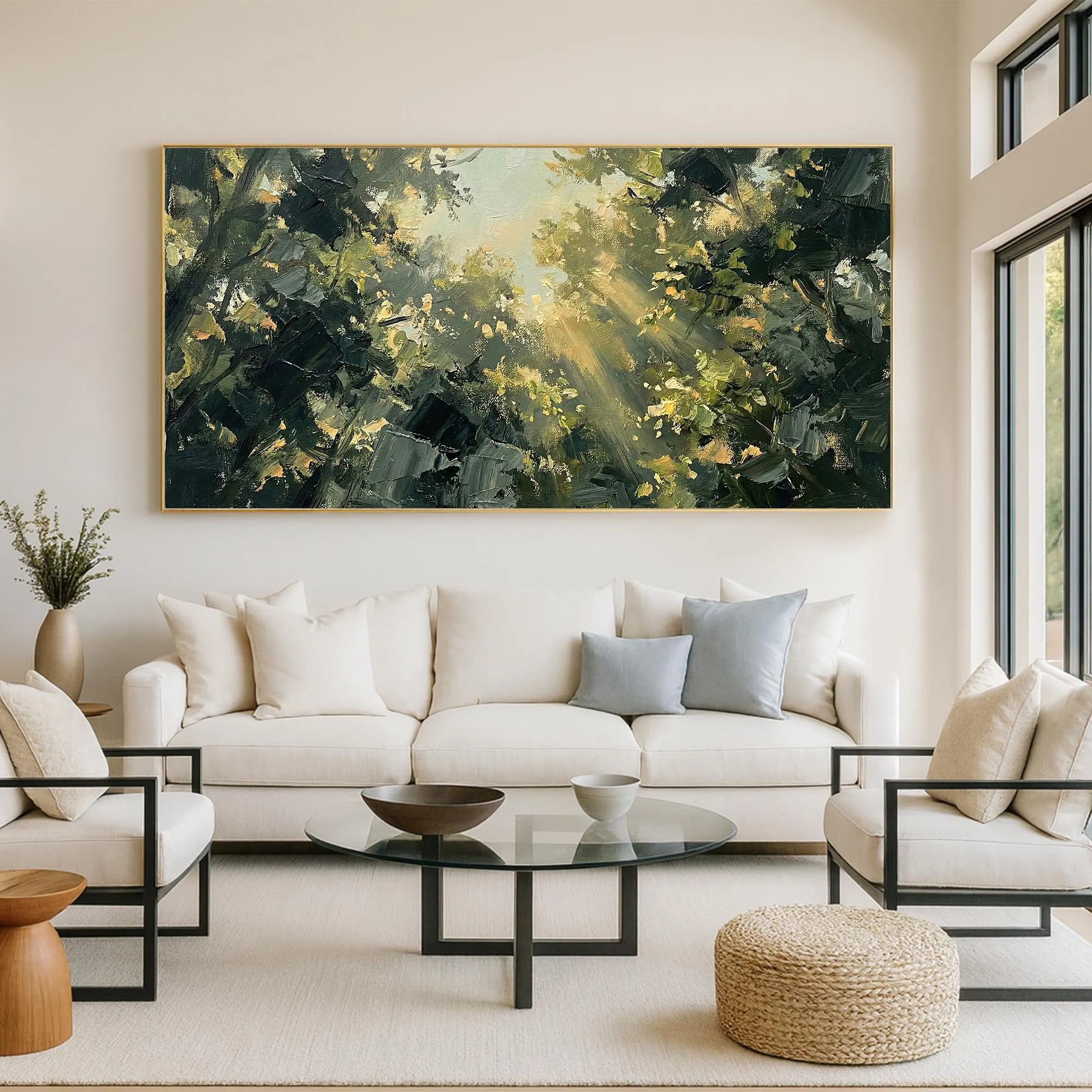 Sunlit Canopy – Hand-Painted Forest Sunlight Impressionist Palette Knife Landscape Painting | Contemporary Landscape Living Room & Dining Room Art