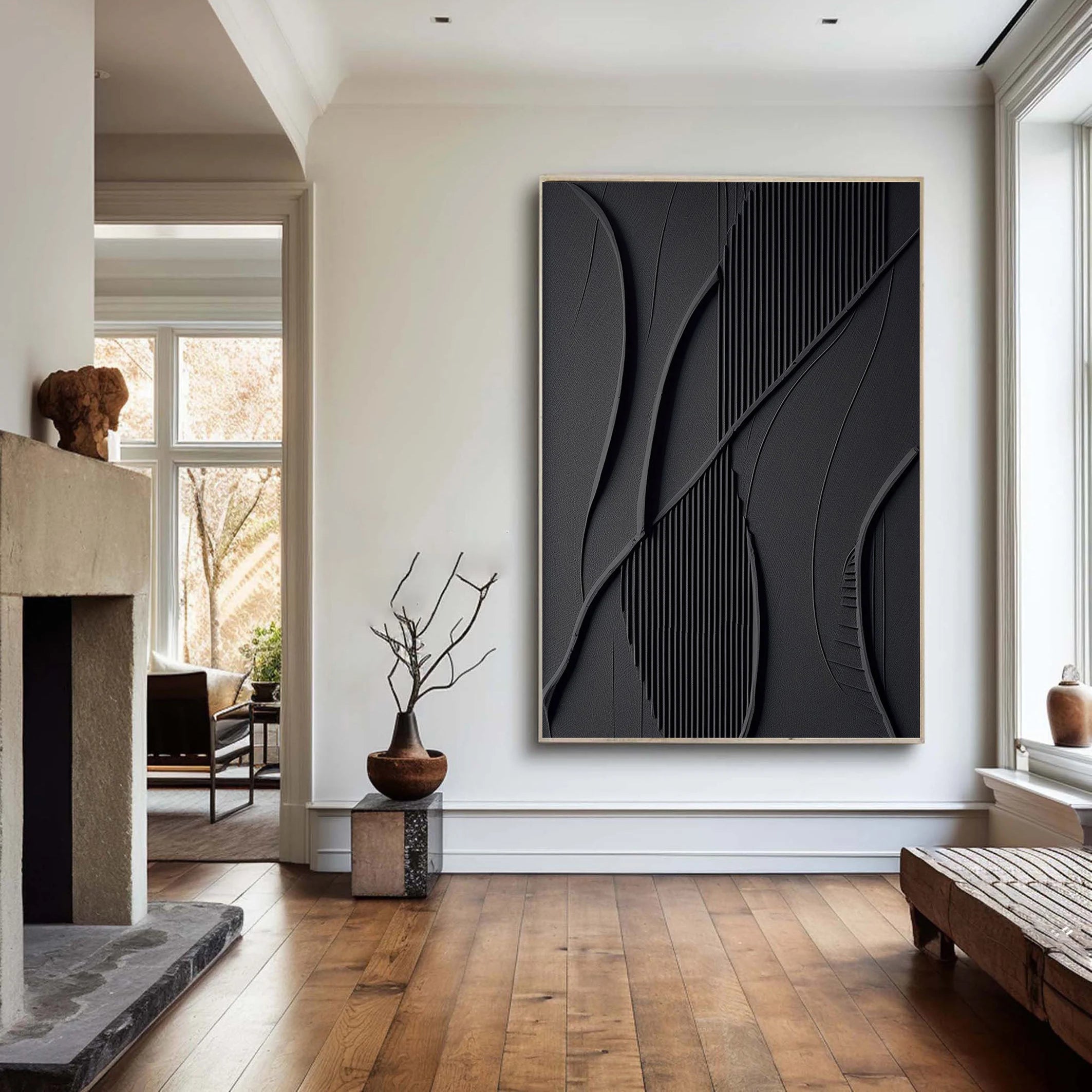 Onyx Veins – Hand-Painted Matte Black Intertwined Fluid Lines Fluted Texture Relief Wabi-Sabi Painting | Japandi Wabi-Sabi Living Room & Bedroom Art