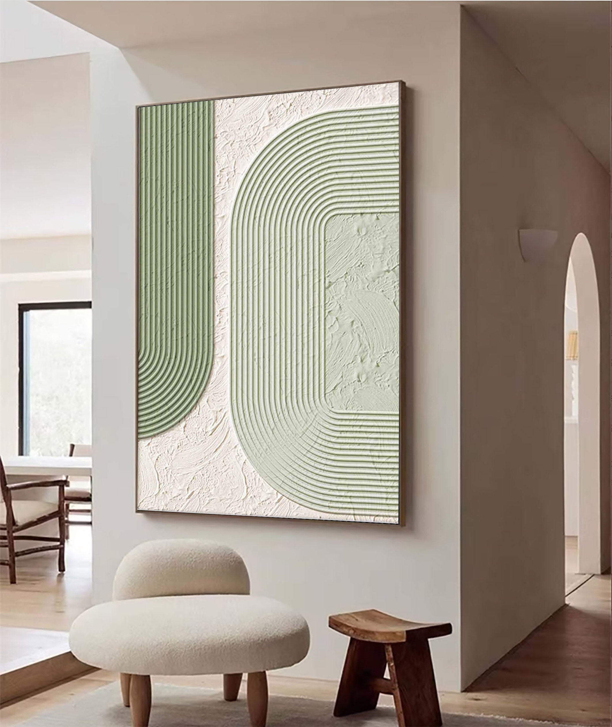 LINEAR ECHO: Modern Sculptural Line Art, Textured Sage & White Minimalist Canvas