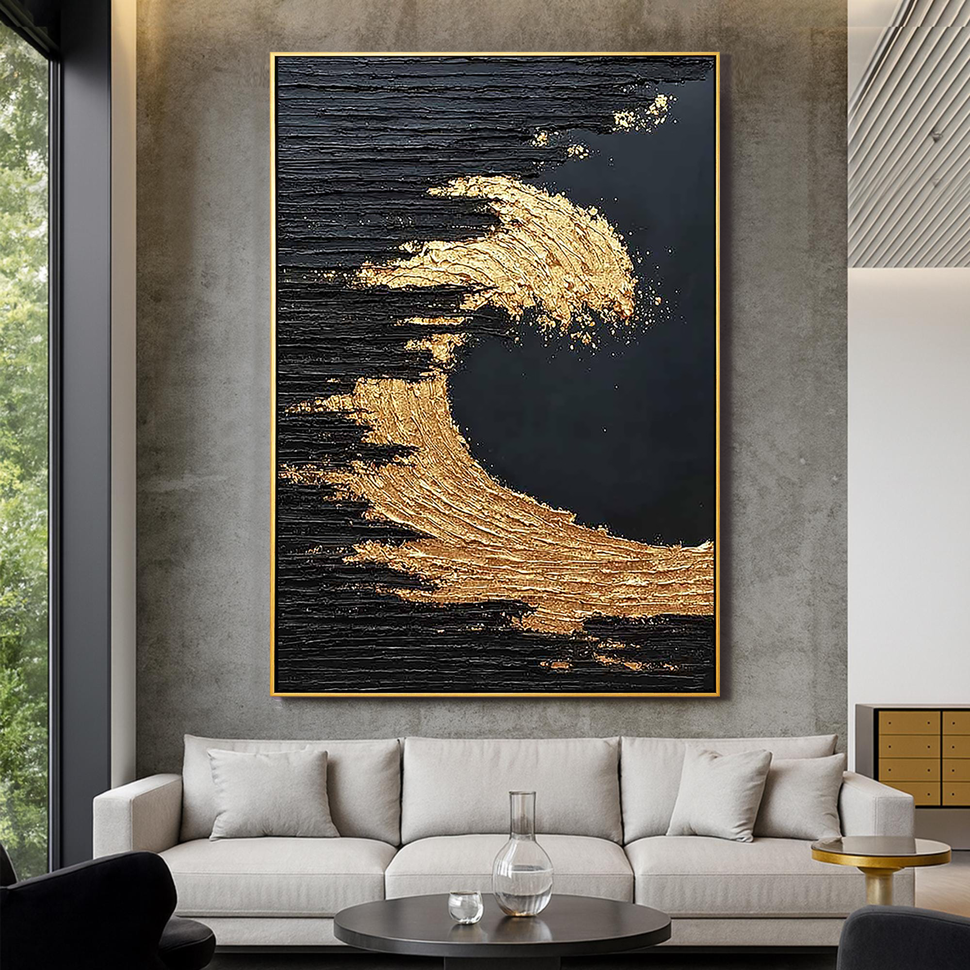 Golden Surge – Modern Black-and-Gold Textured Painting | Light-Luxury Abstract Hallway Art