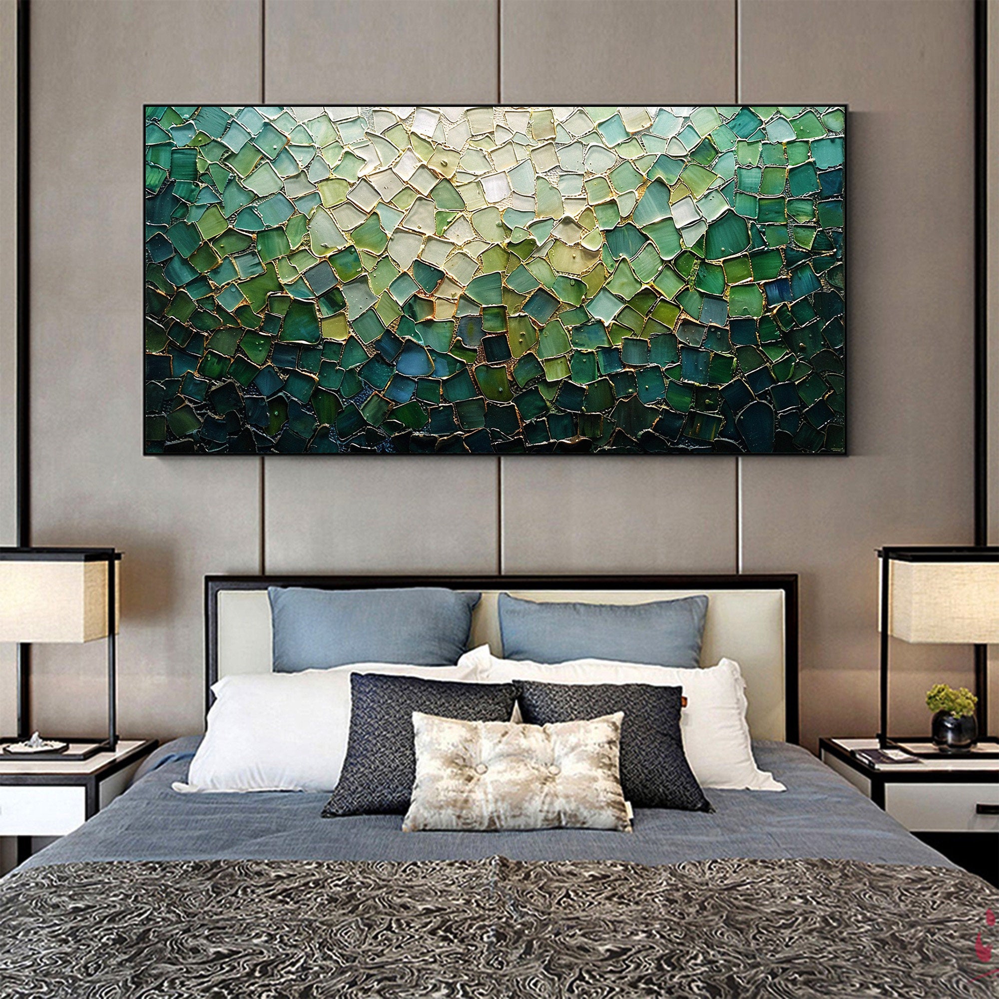Emerald Mosaic – Hand-Painted Emerald Green and Mint 3D Plaster Relief Texture Painting | Modern Abstract Living Room & Office Art