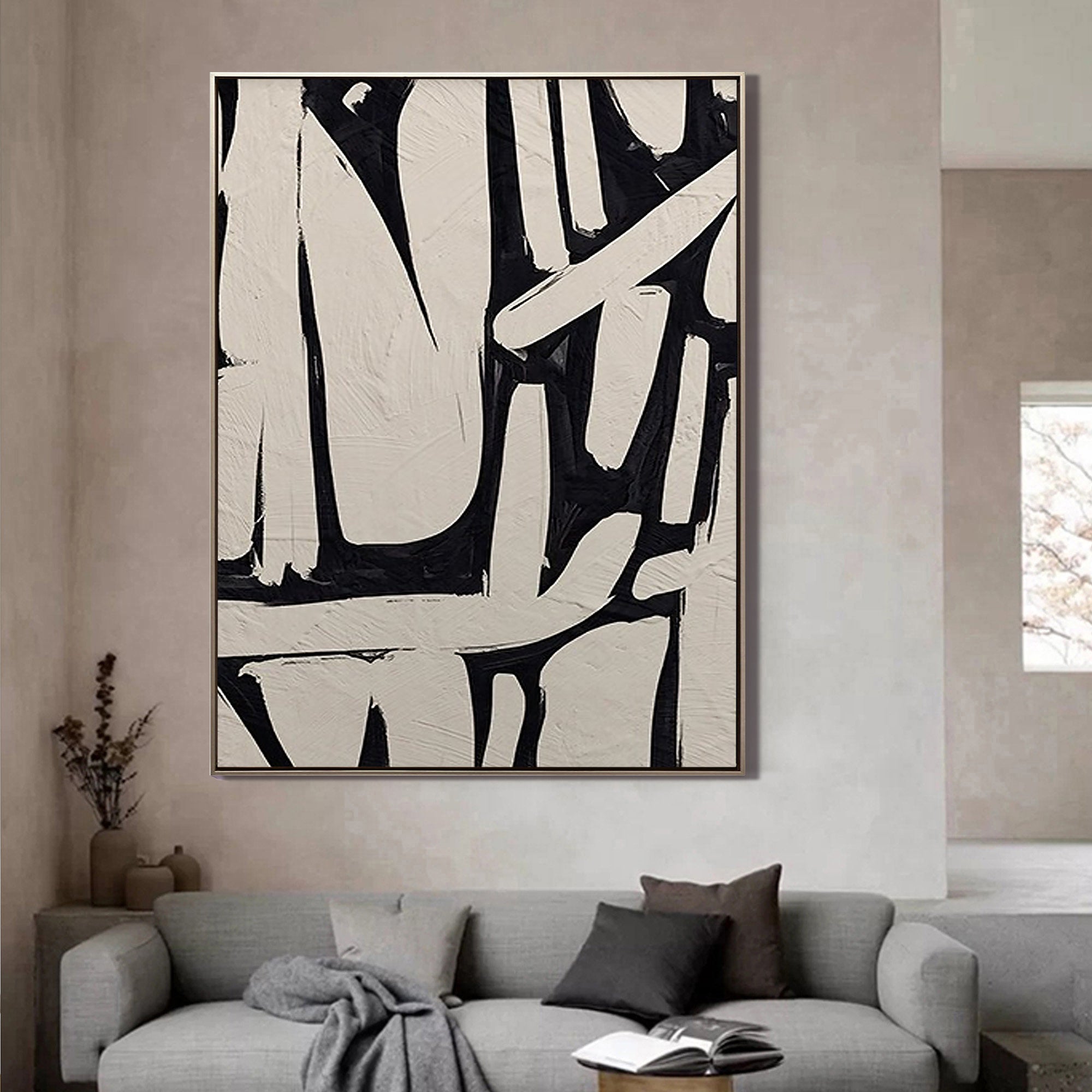 MONOCHROME TRACE: Wabi-Sabi Wall Art, Hand-Painted Black and Beige Palette Knife 3D Heavy Texture Studio Art