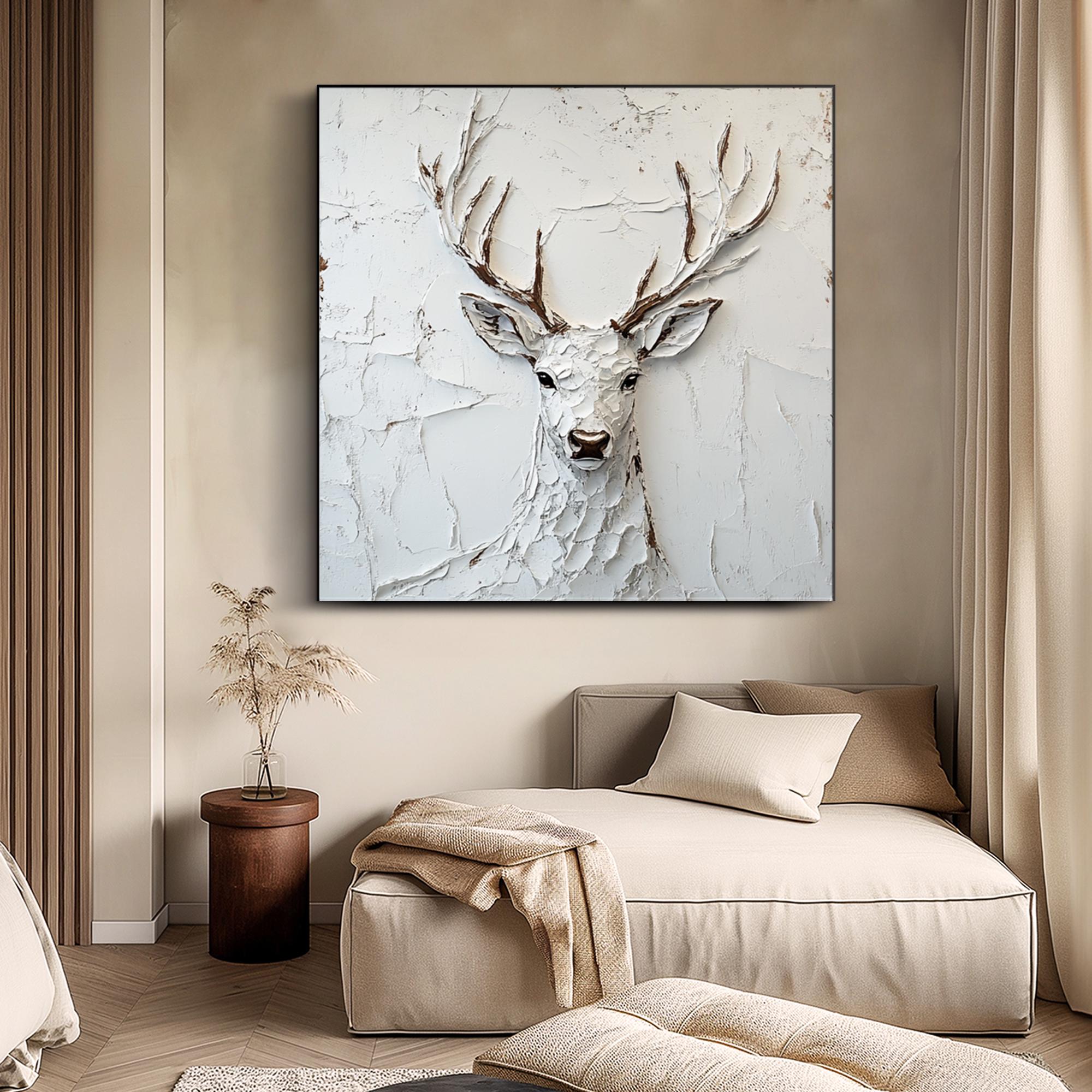 WINTER SPIRIT: 3D Heavy Texture White Deer Wall Art, Plaster Relief Stag Sculpture Art