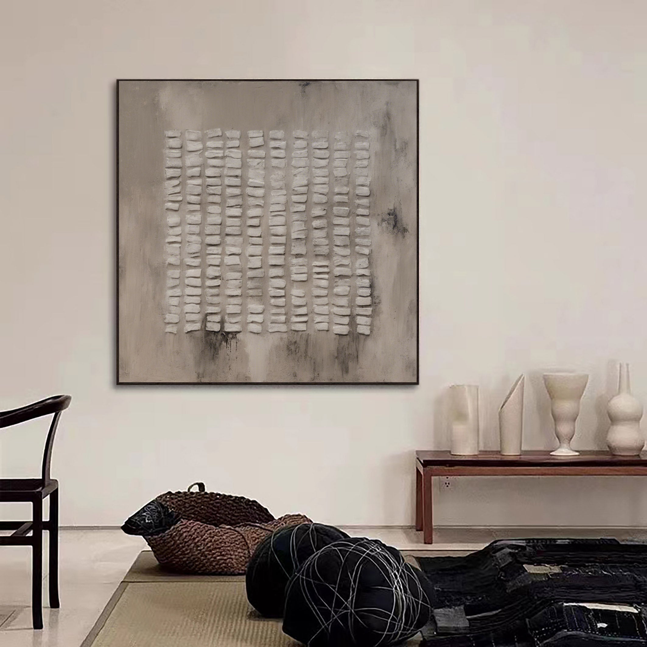 ZEN RHYTHM: Wabi-Sabi Wall Art, Hand-Painted Neutral Beige Repetitive Plaster Block Textured Studio Art