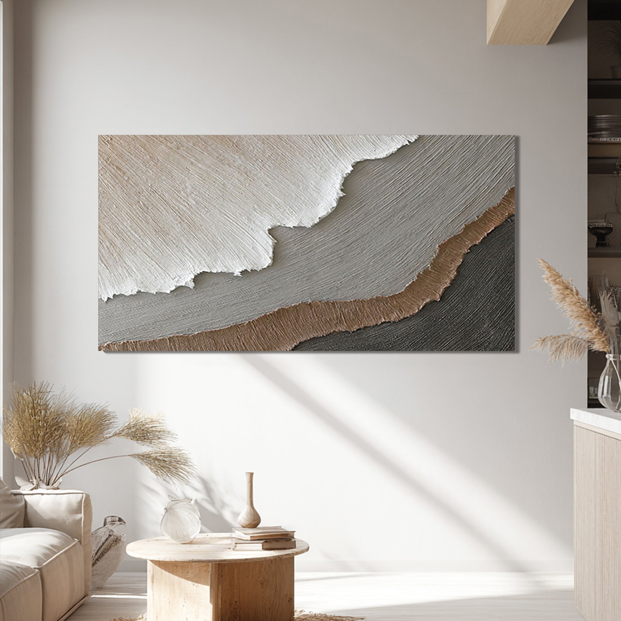 Terrain Strata – Hand-Painted Neutral Grey and Brown 3D Plaster Relief Texture Painting | Japandi Organic Texture Living Room & Bedroom Art