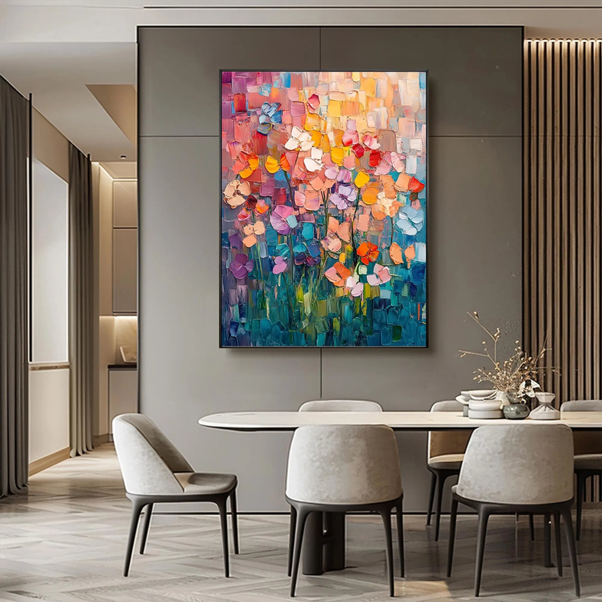 Vibrant Meadow – Hand-Painted Multicolored Rainbow Palette Knife Floral Painting | Vibrant Botanical Living Room & Dining Room Art