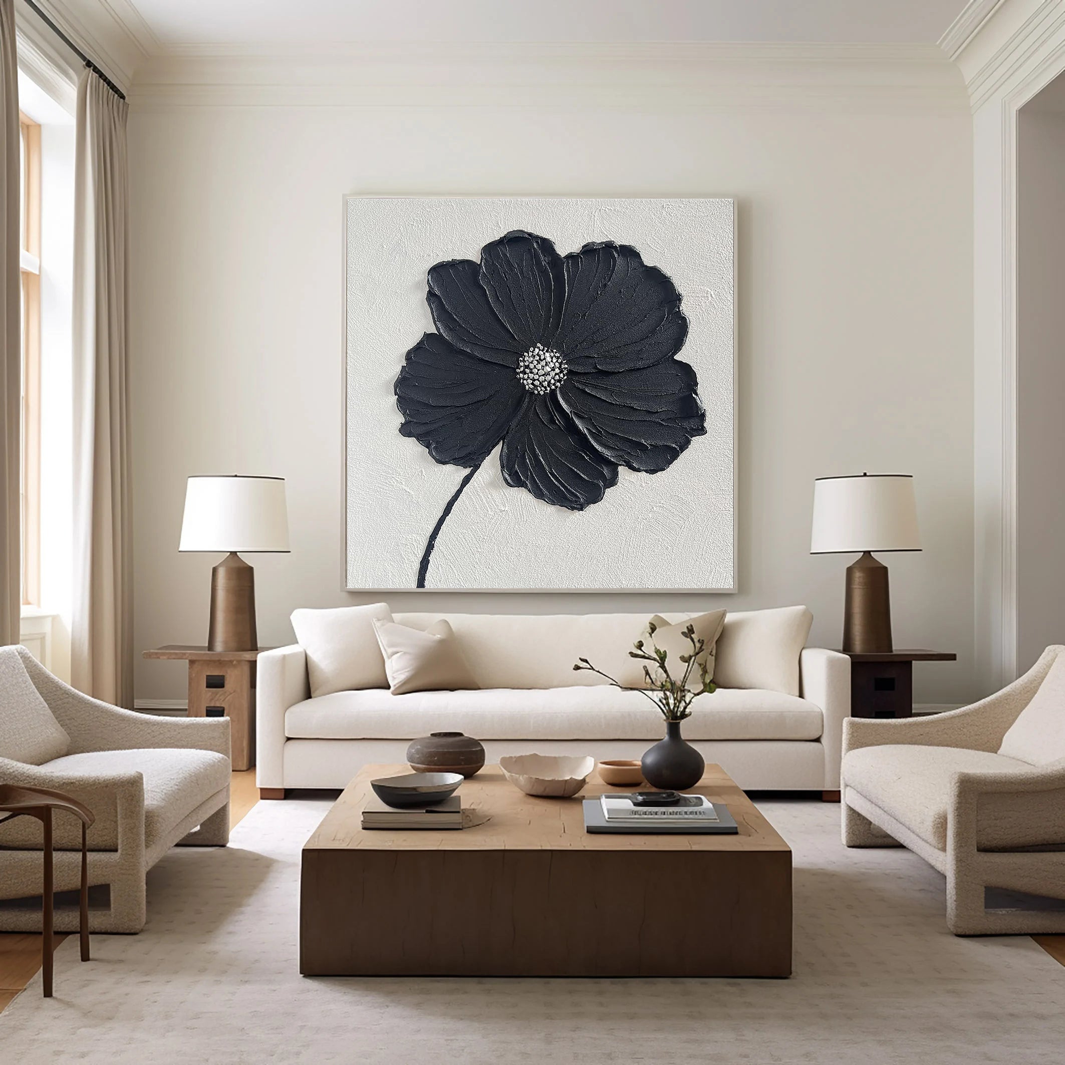 Midnight Petal – Black Minimalist Plaster Relief Floral Painting | Contemporary Botanical Bedroom & Living Room Art