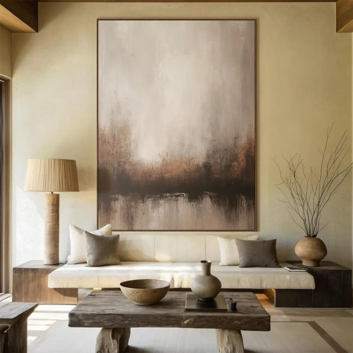 Misty Zen – Hand-Painted Minimalist Neutral Earth Tone Wabi-Sabi Painting | Japandi Organic Wabi-Sabi Living Room & Hallway Art