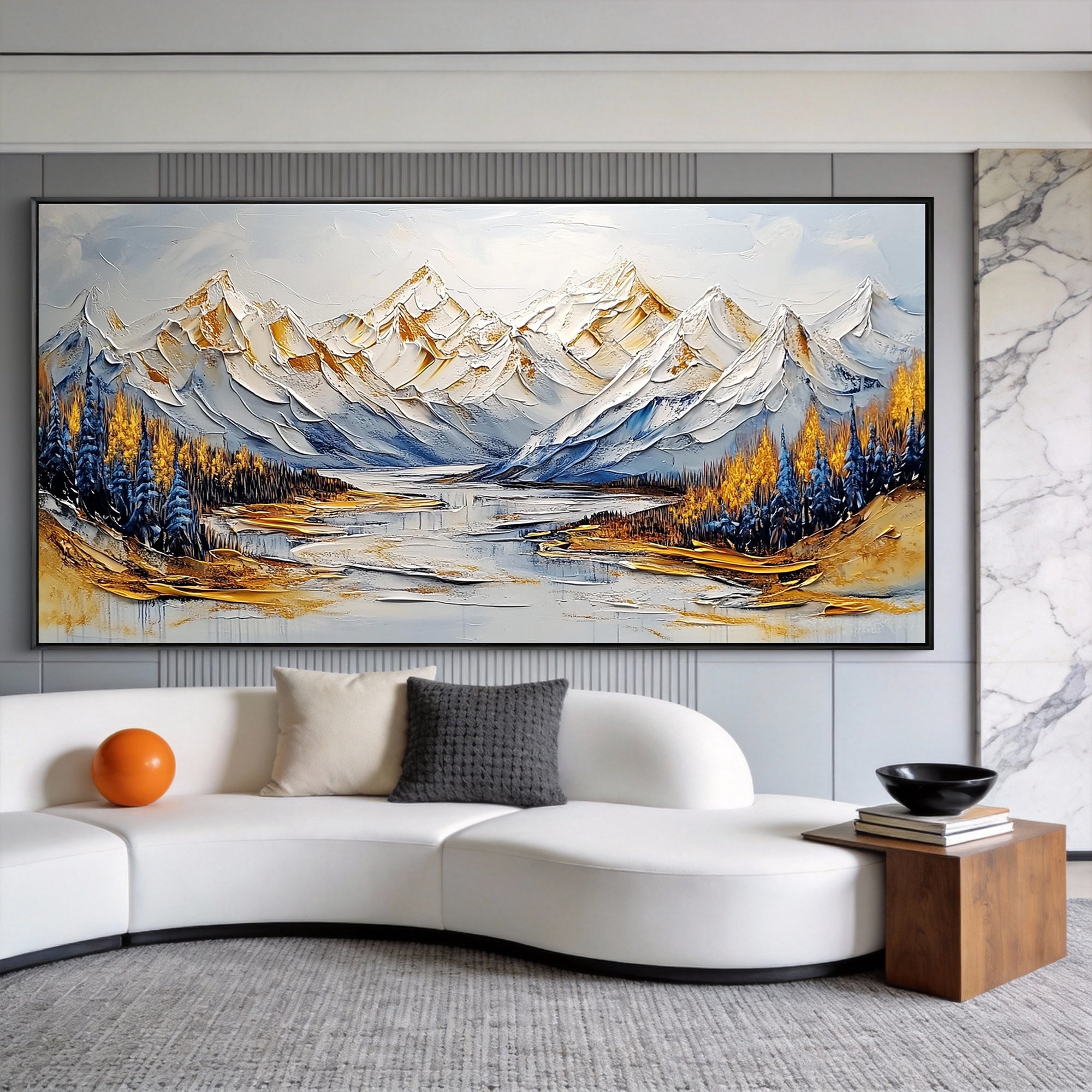 Echo of the Glacier – Modern Luxury Mountain Landscape Painting | Horizontal Impasto Living Room Art