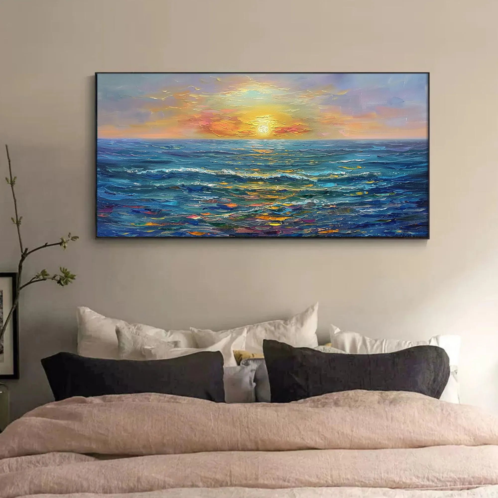 OCEAN REFLECTION: Texture Wall Art, Hand-Painted Horizontal Deep Blue Sea Sunset 3D Heavy Texture Palette Knife Gallery Art