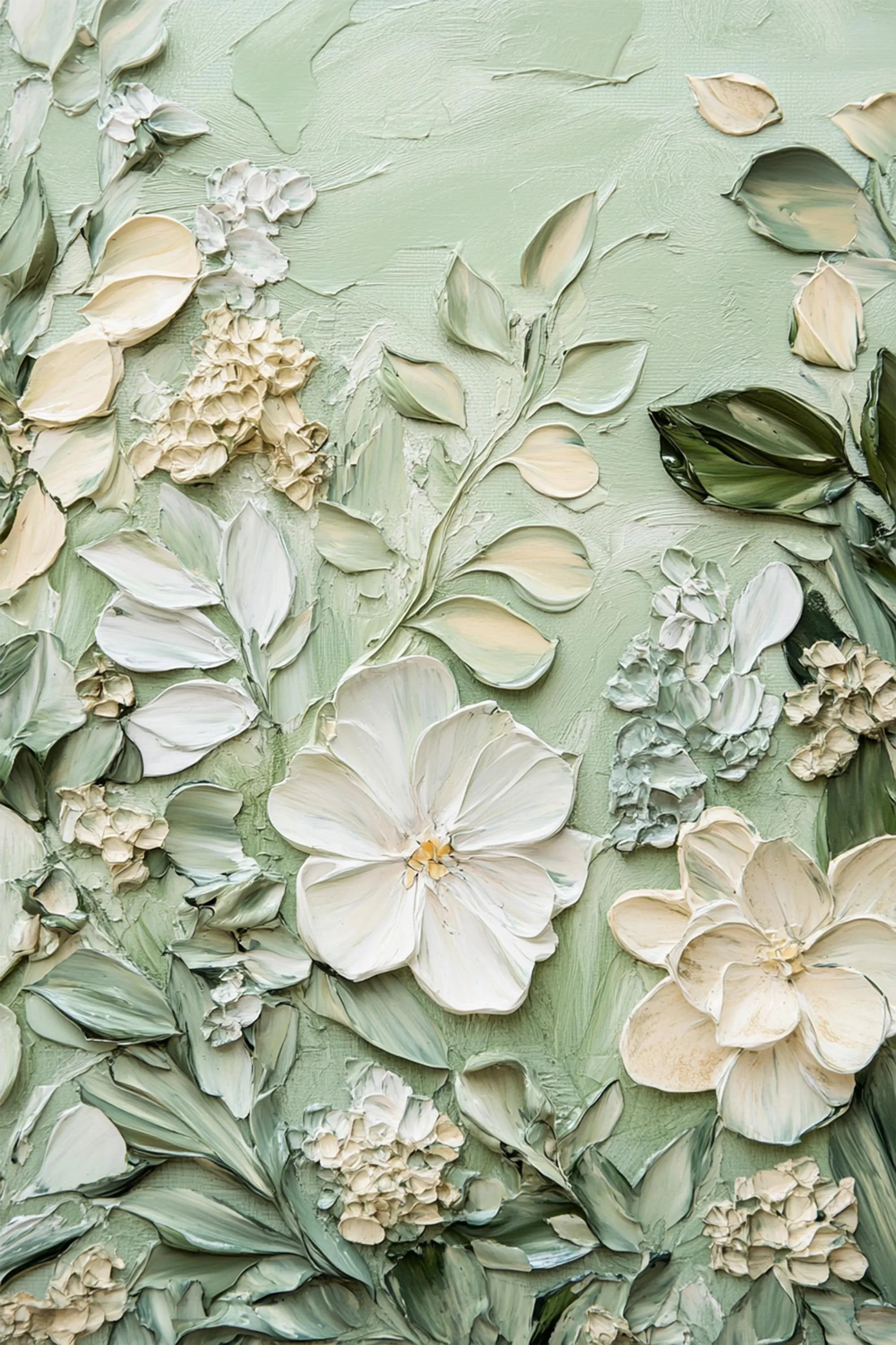 SAGE BLOSSOM: Floral Wall Art, Hand-Painted Sage Green and Creamy White 3D Impasto Heavy Texture Studio Art