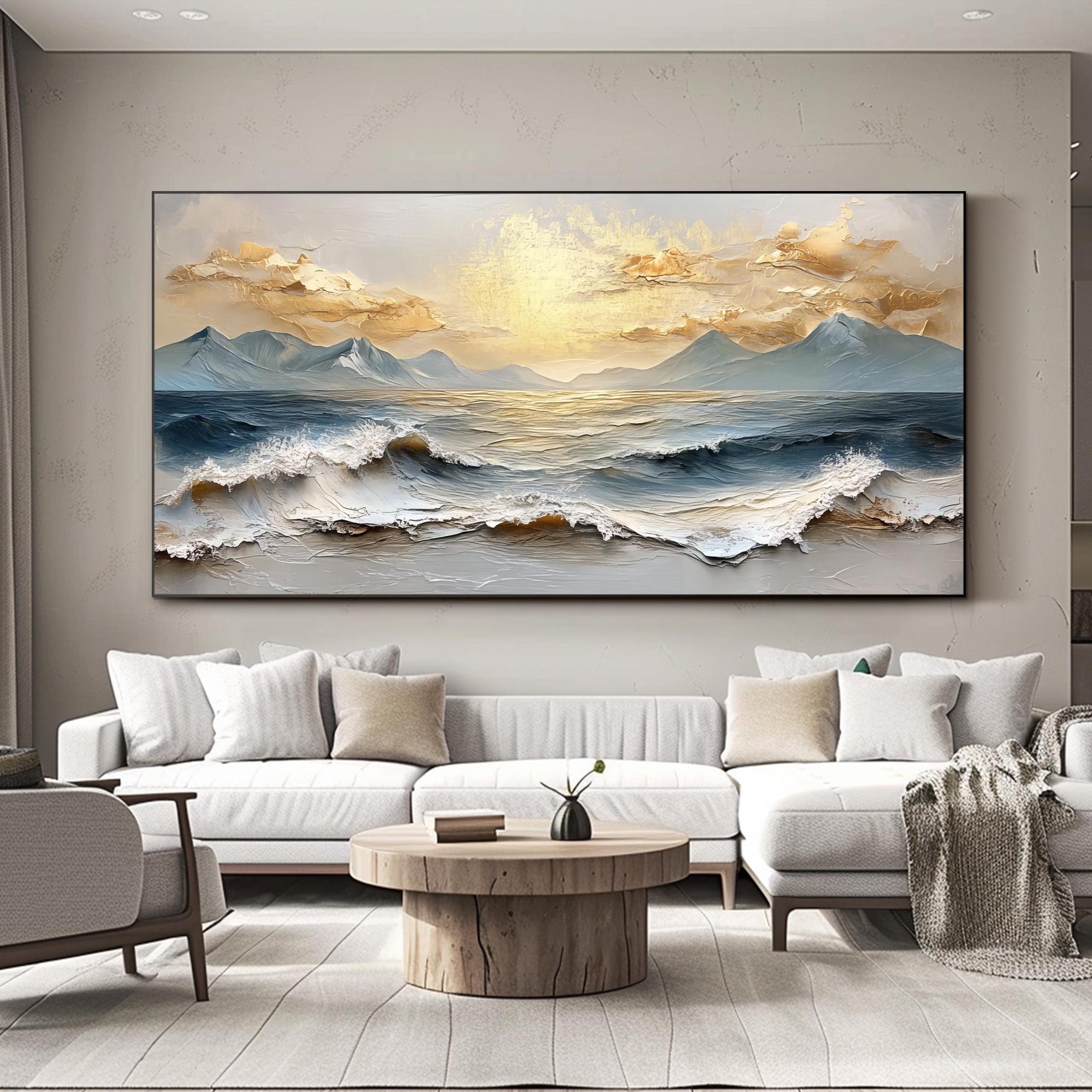 Aurum Tide – Hand-Painted Golden Sunset Mountain Ocean Wave Palette Knife Oil Seascape Painting | Contemporary Mountain Living Room & Home Office Art