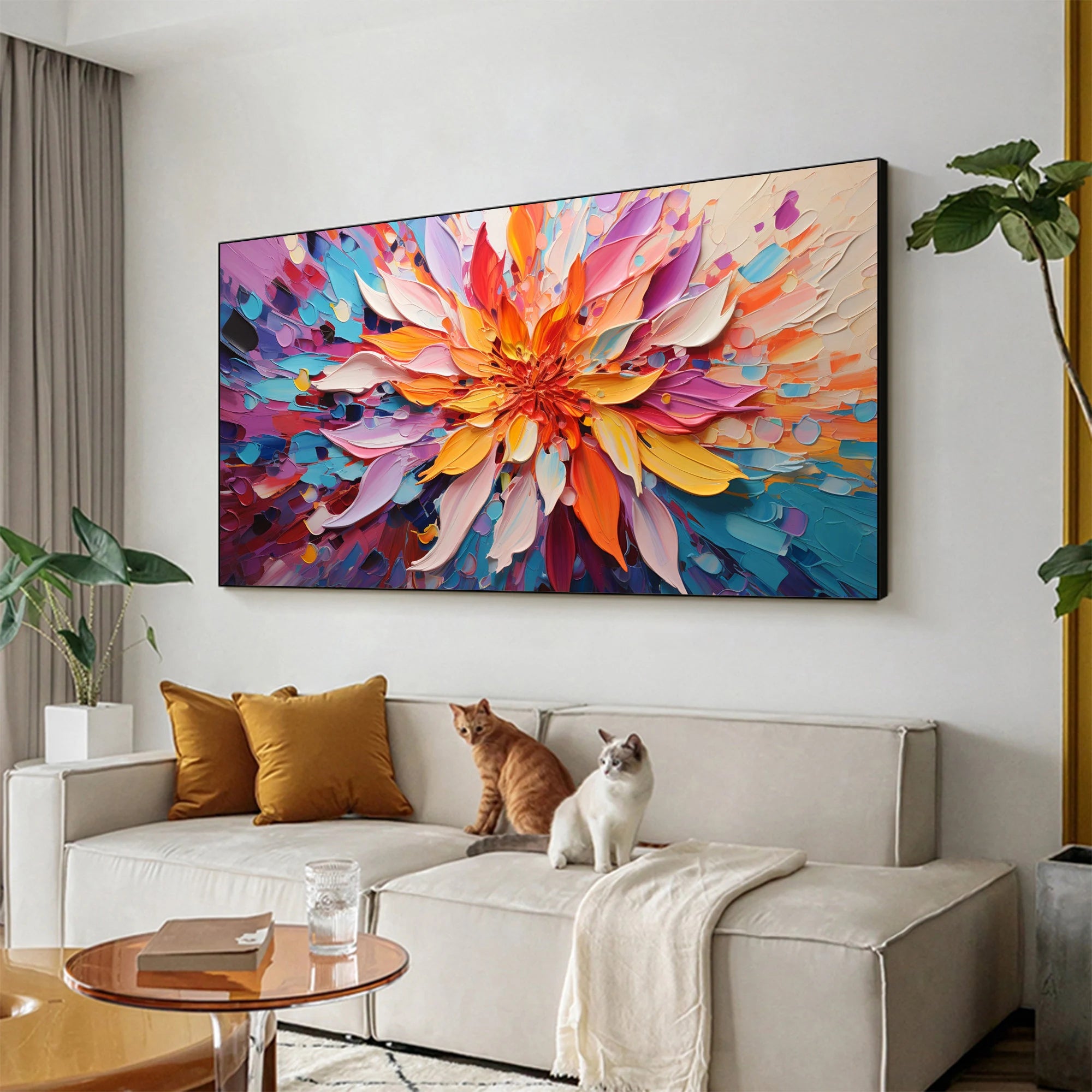 RADIANT PETALS: Floral Wall Art, Hand-Painted Radial Palette Knife Petals Thick Textured Canvas Art