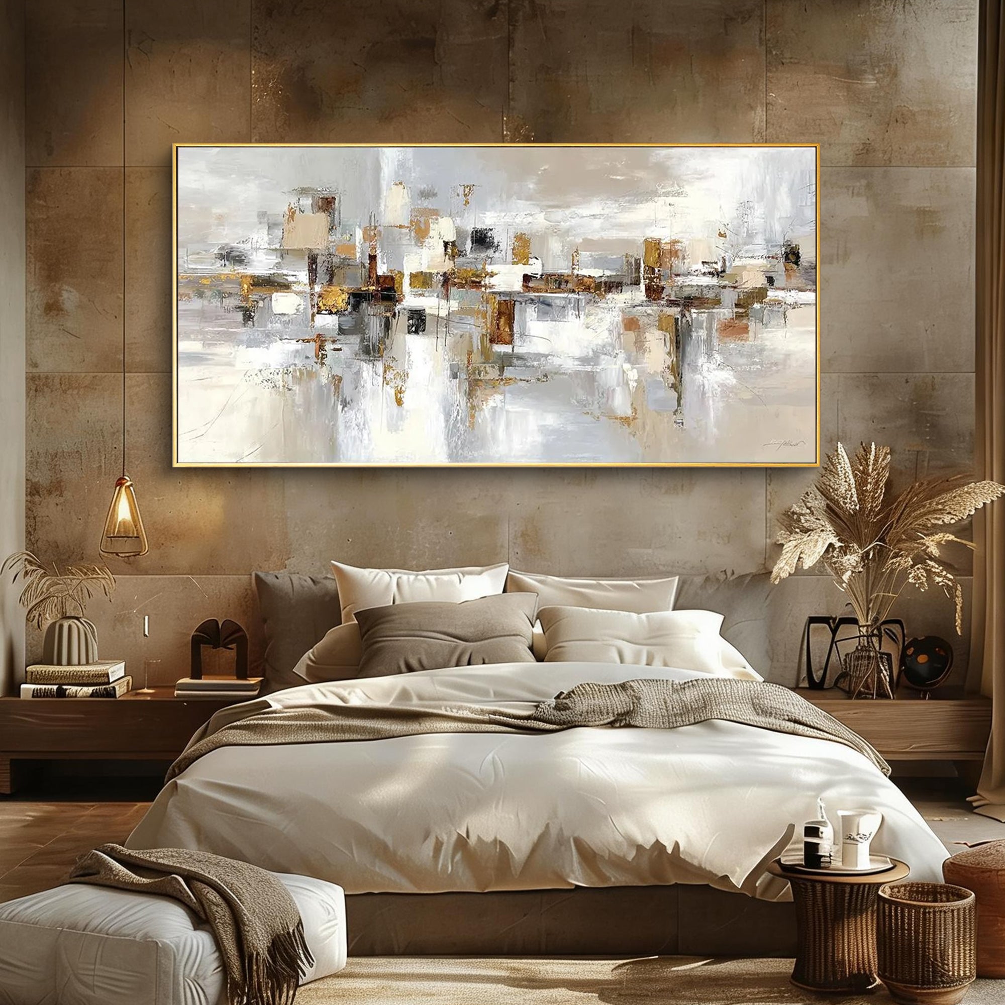 SHIFTED PLANES- Panoramic Neutral Tone Abstract Art | Heavy Texture Earthy Living Room Wall Painting