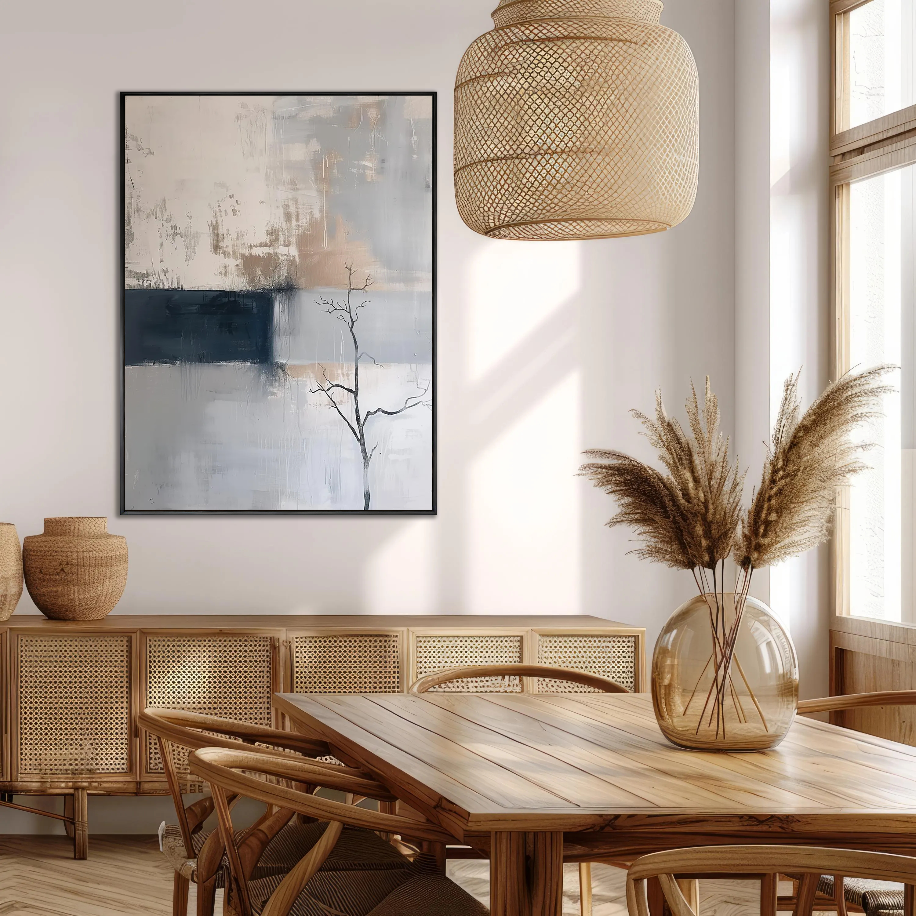 Silent Branch – Modern Neutral Grey & Sand Textured Canvas Wabi-Sabi Painting | Japandi Organic Wabi-Sabi Living Room & Hallway Art