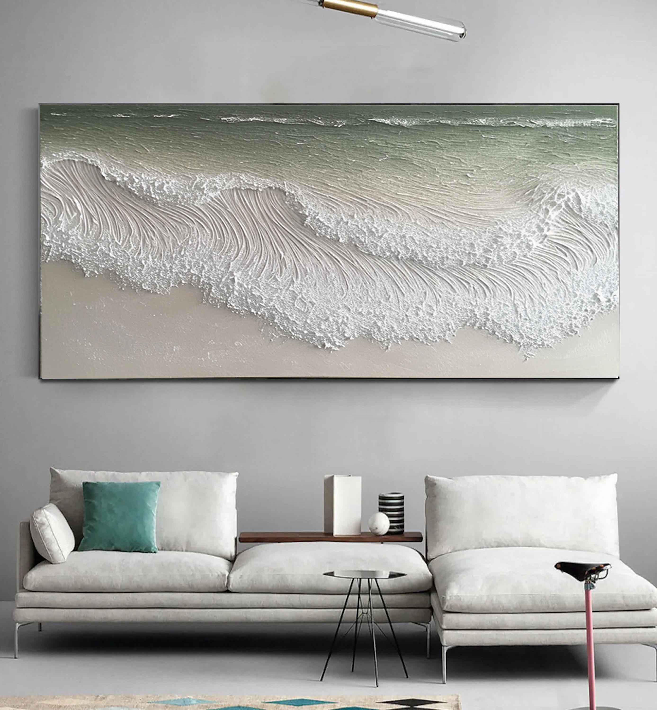 Ocean Froth – Hand-Painted Plaster Effect Sea Foam Wave Relief Seascape Painting | Coastal Modern Living Room & Bedroom Art