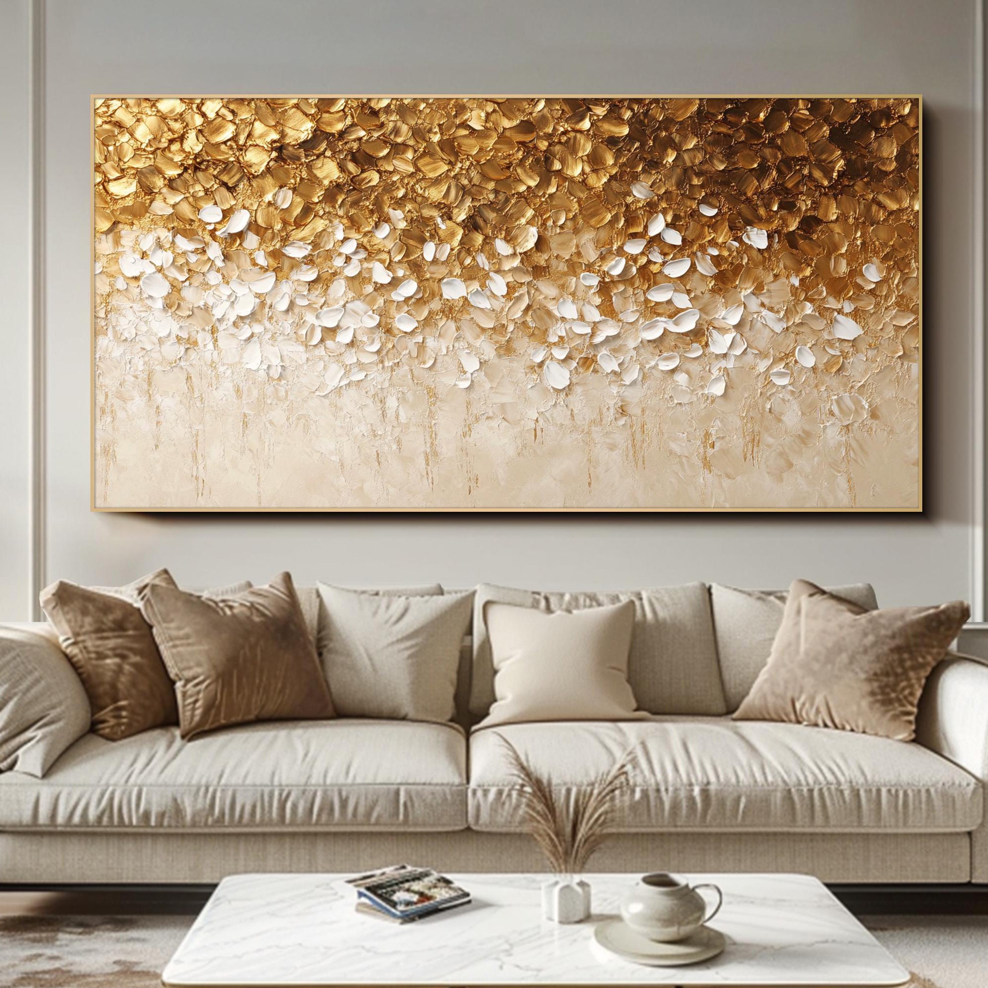 Golden Cascade – Hand-Painted Gold Foil and White 3D Textured Glitter Plaster Floral Painting | Modern Luxury Botanical Bedroom & Living Room Art